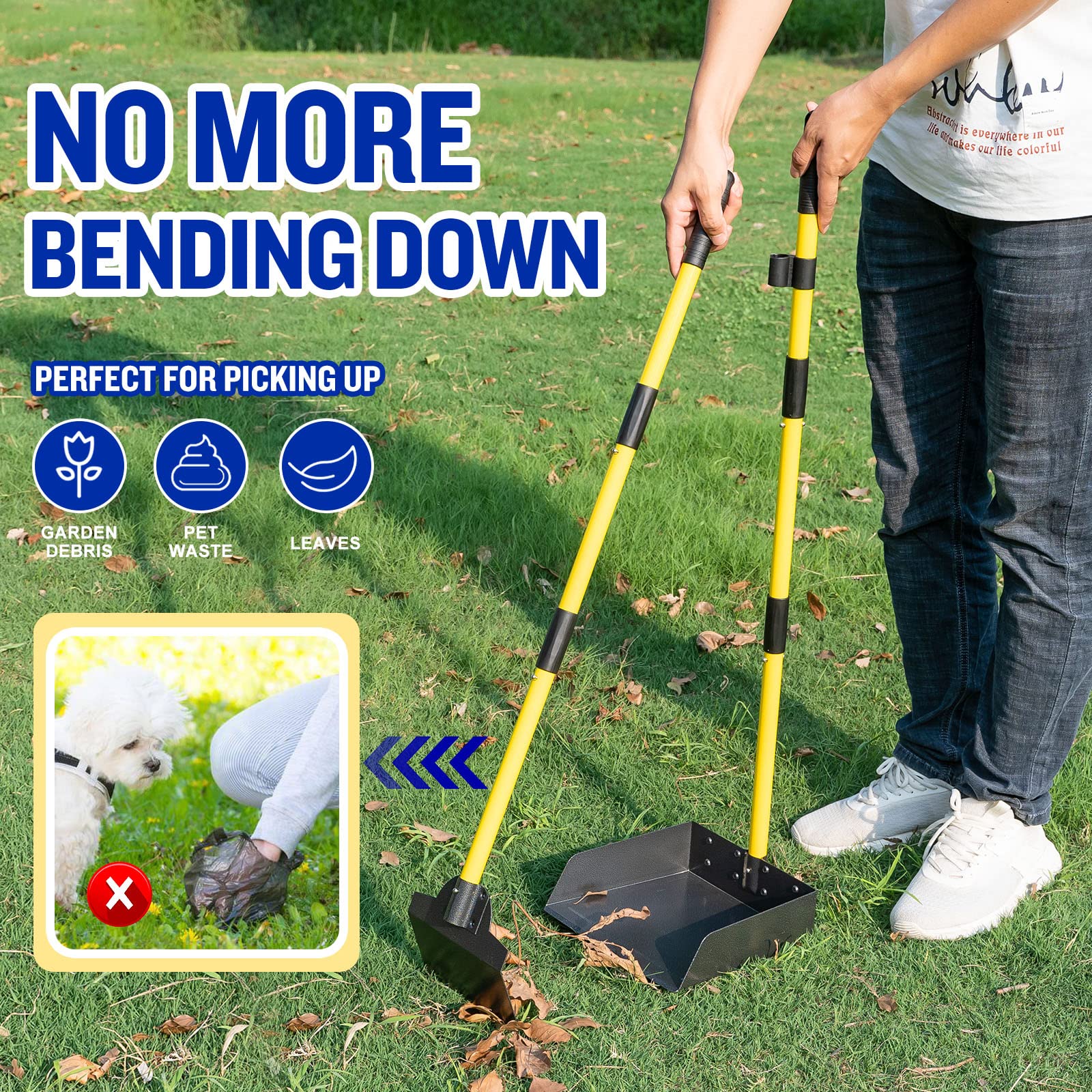 Pooper Scooper For Large Dogs, Adjustable Long Handle Metal Tray And Spade Poop Scooper For Dogs With Bin For Pet Waste Removal,