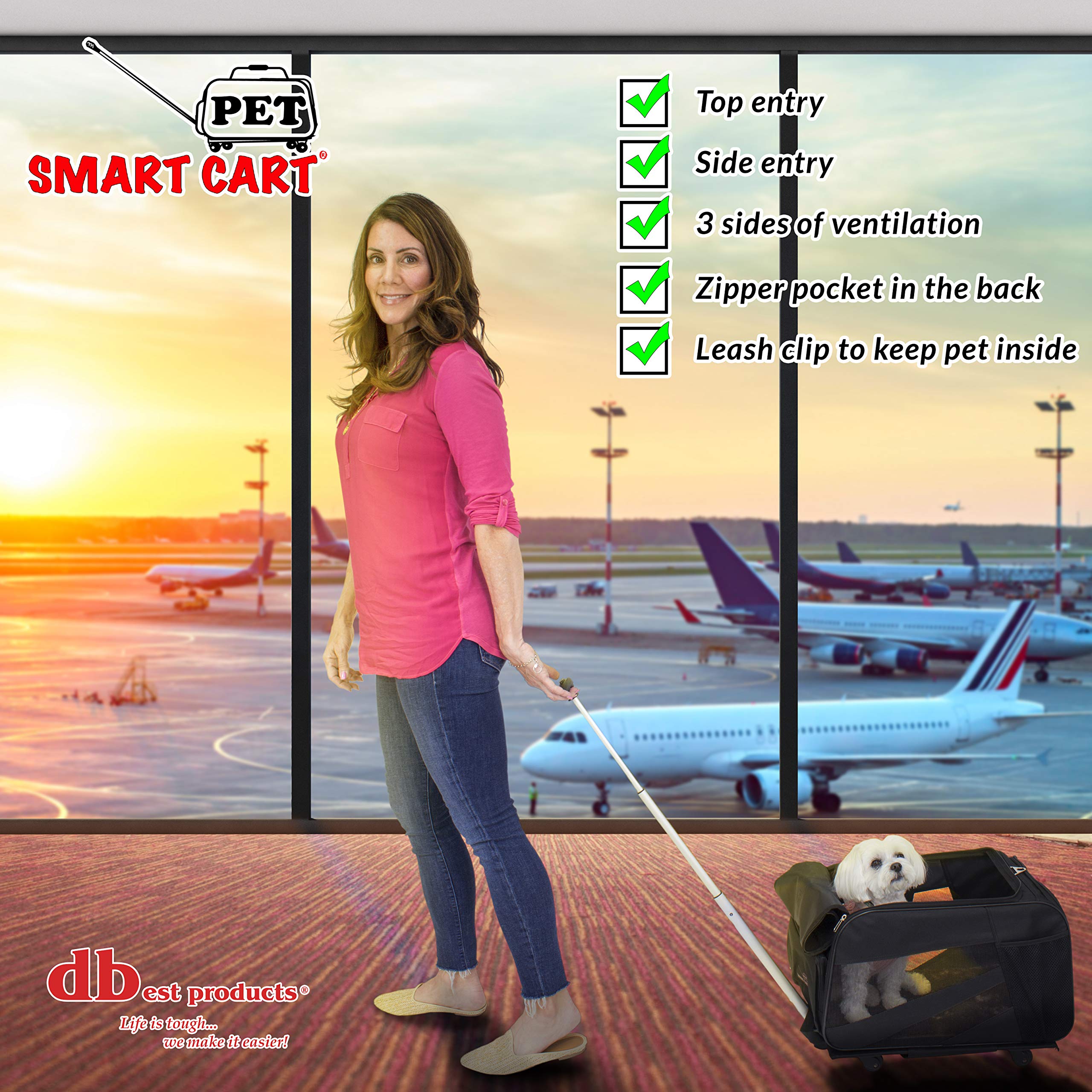dbest products Smart Cart Pet Carrier with Wheels, Airline Approved Dog and Cat Carrier with Telescoping Handle, 21x12x12in, 24