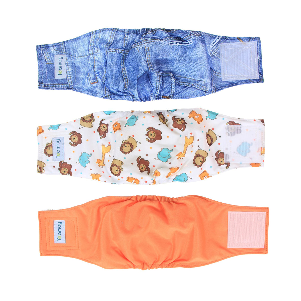 Teamoy Reusable Wrap Diapers For Male Dogs, Washable Puppy Belly Band Pack Of 3 (S, 10'-13' Waist, Orange+ Denim+ Fat Smile)