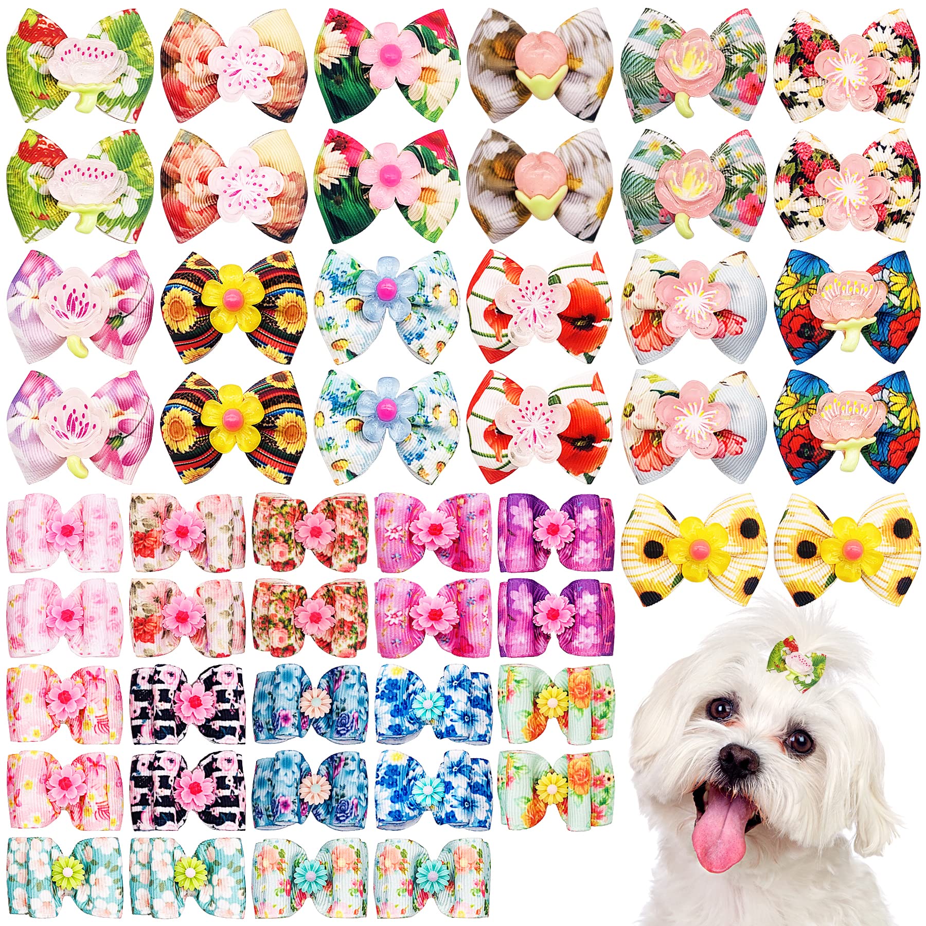Jpgdn 50Pcs/25Pairs Dog Hair Bows With Rubber Band Spring Floral Pattern For Girls Female Cat Rabbit Puppy Poodle Top Knot Elast