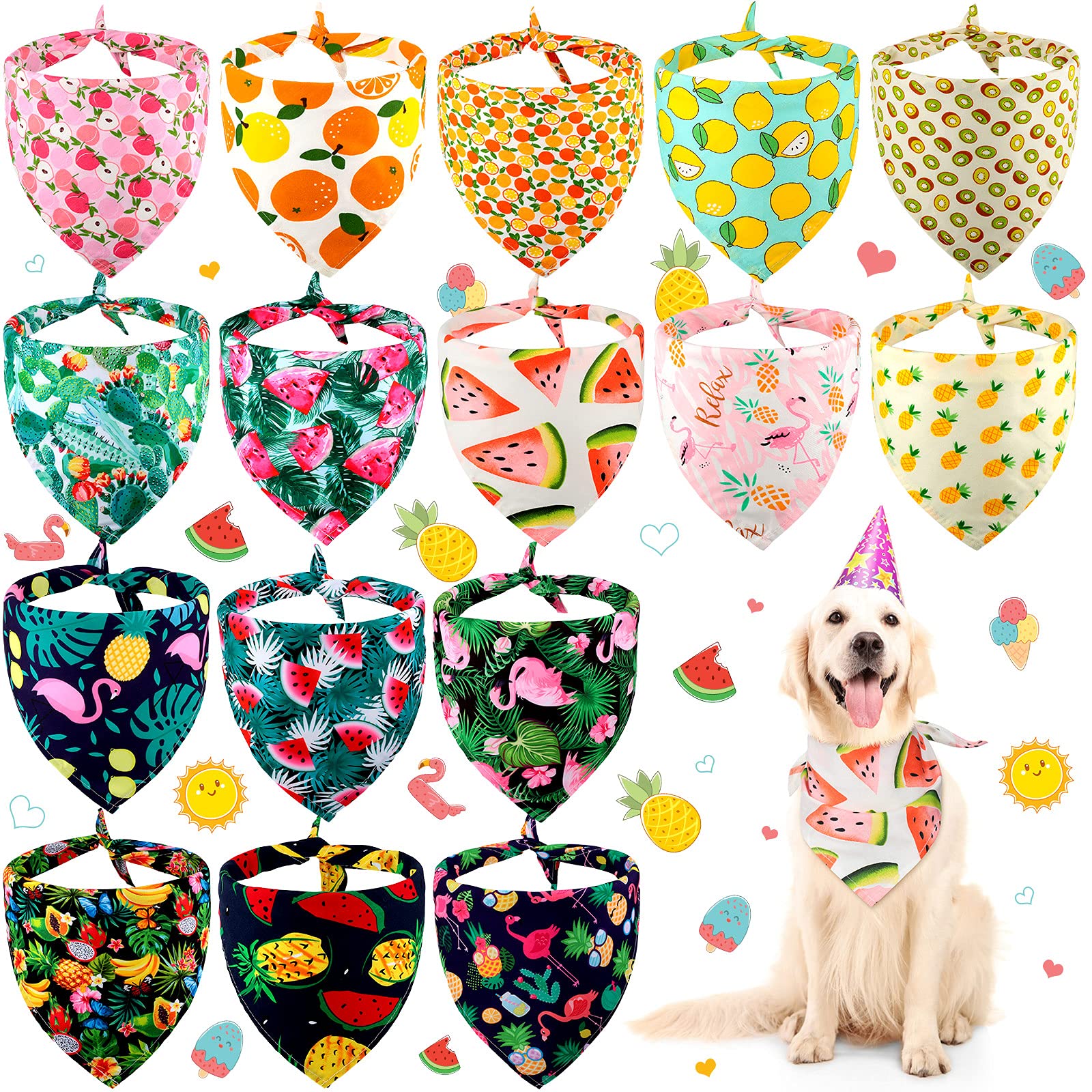 16 Pieces Fruit Dog Bandanas Washable Hawaii Pet Scarf Adjustable Triangle Dog Bibs Assortment Pet Kerchief Dog Bandana Accessor