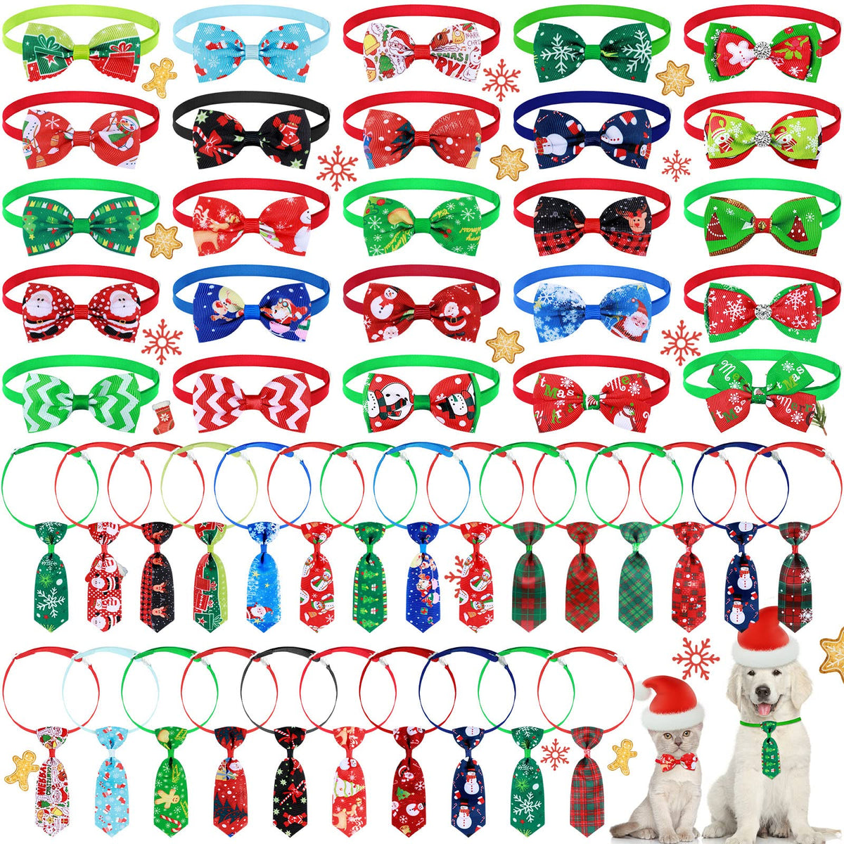 50 Pieces Christmas Dog Bow Tie Collar Set Includes 25 Dog Neckties And 25 Dog Bow Ties Adjustable Dog Bowties Neckties Collars For Dogs Cat Decoration(Stylish Pattern)