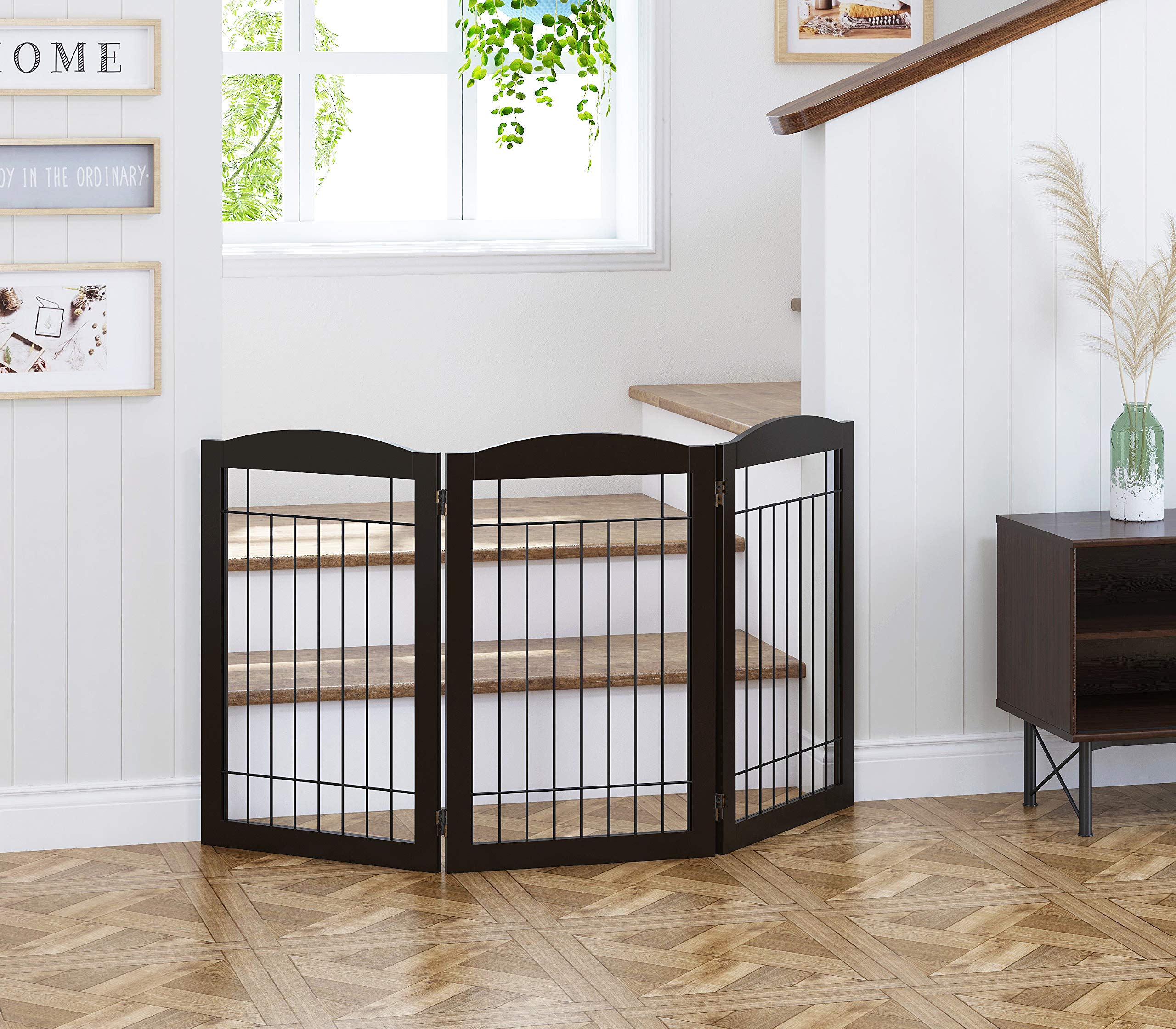 Spirich Freestanding Foldable Wire Pet Gate - 60" Wide, 30" Tall, 3 Panels, Espresso, Metal - Ideal for Dogs, Doorways, and Stairs