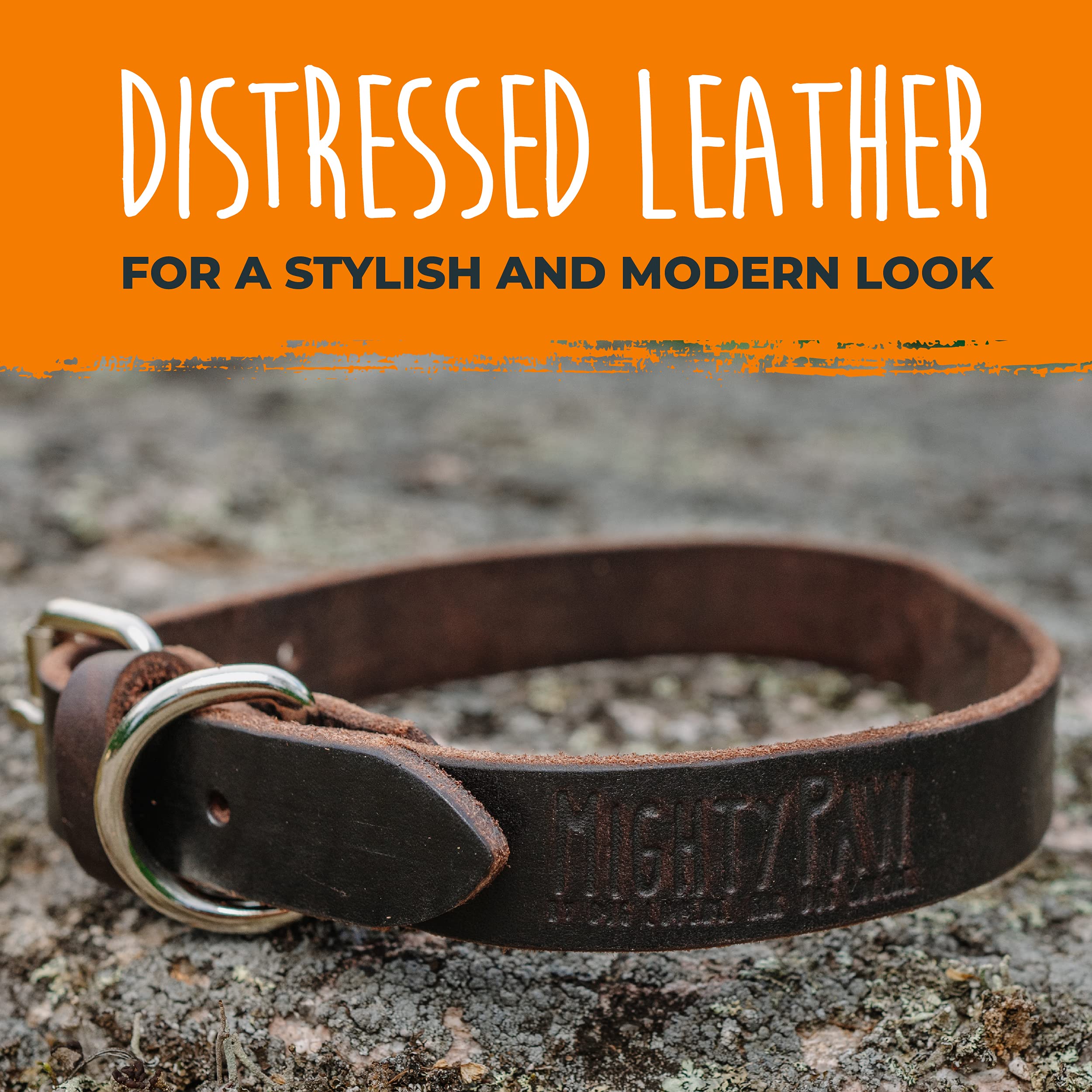 Mighty Paw Leather Dog Collar - Genuine Distressed Leather, Metal Buckle, Medium Size (10.25 - 13.5 inches), Brown
