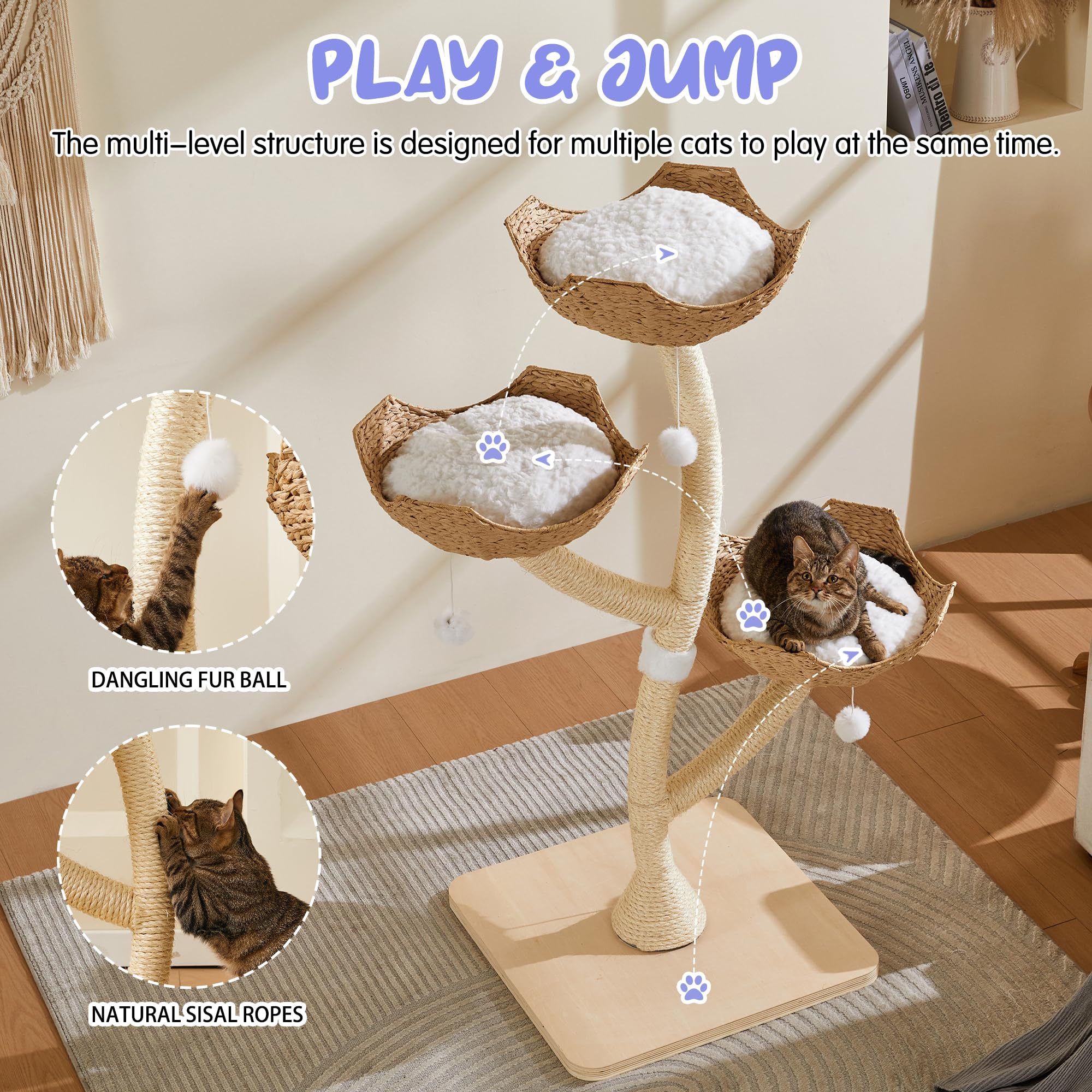 Modern Cat Tree 53 Tall, Scratching Tower For Multiple Small Large Cats With Scratching Post, Multi-Level Luxury Cat Condo