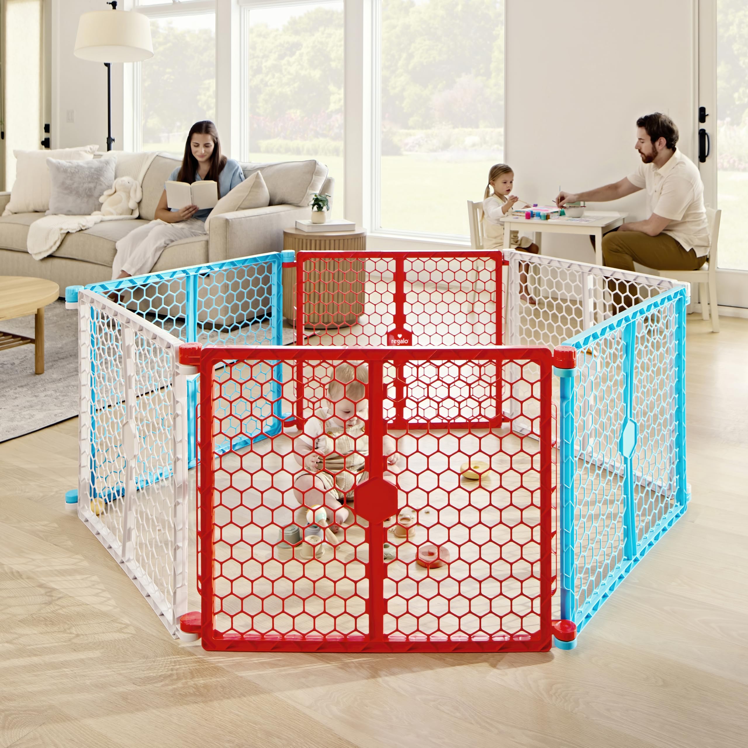 Regalo Safety 192-Inch Super Wide Baby Gate and Play Yard, 2-in-1 Convertible Plastic Baby Gate, Extra Wide Safety Barrier, Hard