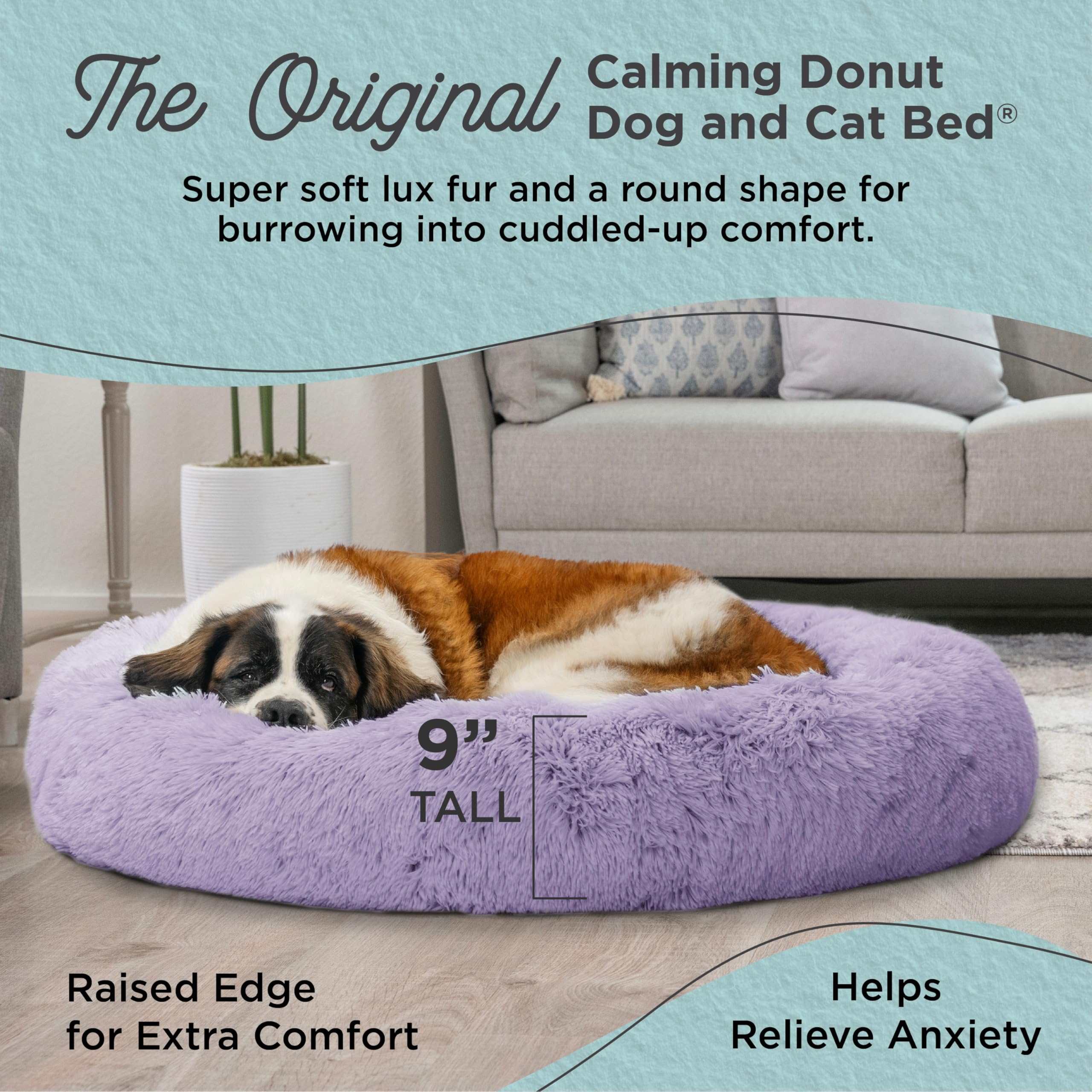 Best Friends by Sheri The Original Calming Donut Dog and Cat Bed in Shag Fur, Lavender, Extra Large, 45x45