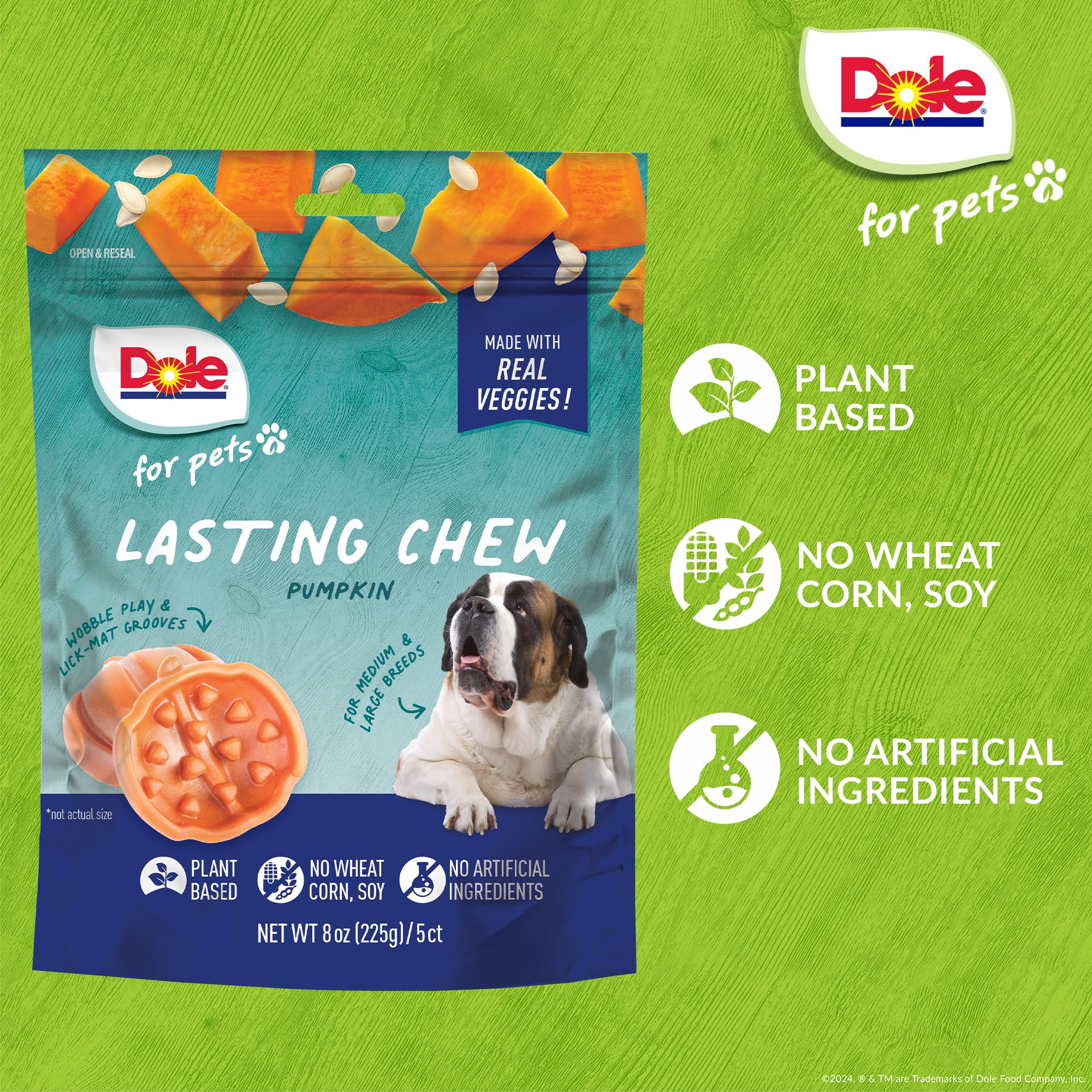 Dole for Pets Freshly Fetched Lasting Chew, Pumpkin Flavor Dog Treats | Flavored with Real Veggies, No Wheat, Corn, Soy, Artific