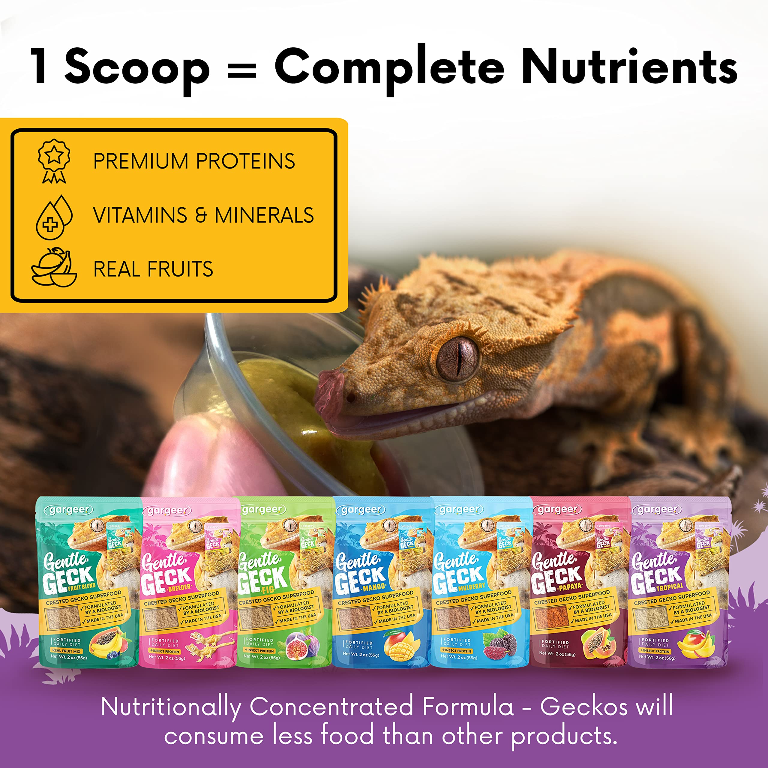 Gargeer 2oz Complete Crested Gecko Food Diet. Premium Mix, Ready to Use Freshly Made Powder. Unique Formula, Developed & Made in
