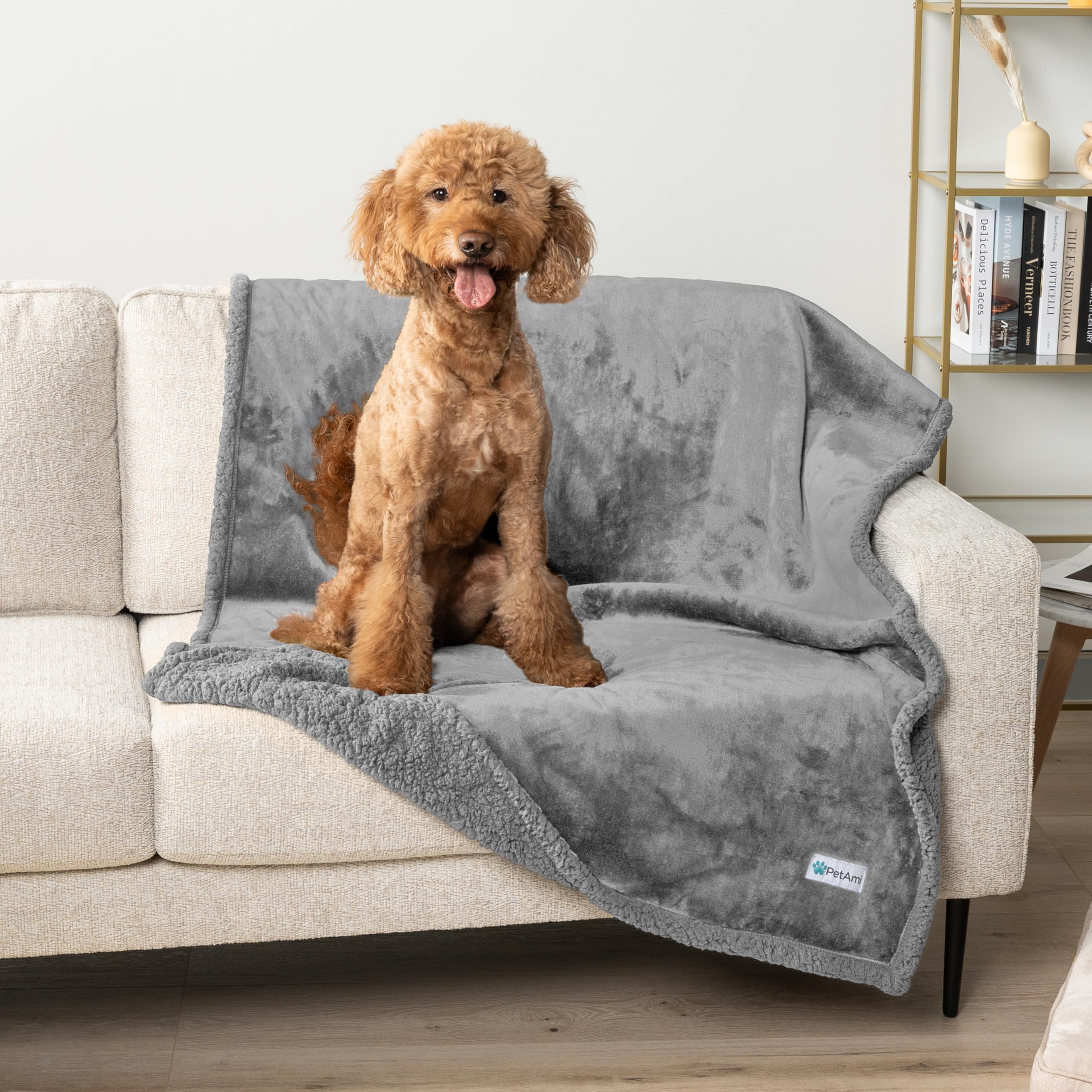Petami Waterproof Dog Blanket For Bed, Xl Dog Pet Blanket Couch Cover Protection, Sherpa Fleece Leakproof Bed Blanket For Crate Kennel Sofa Furniture Protector, Reversible Soft Plush 80X60 Light Gray