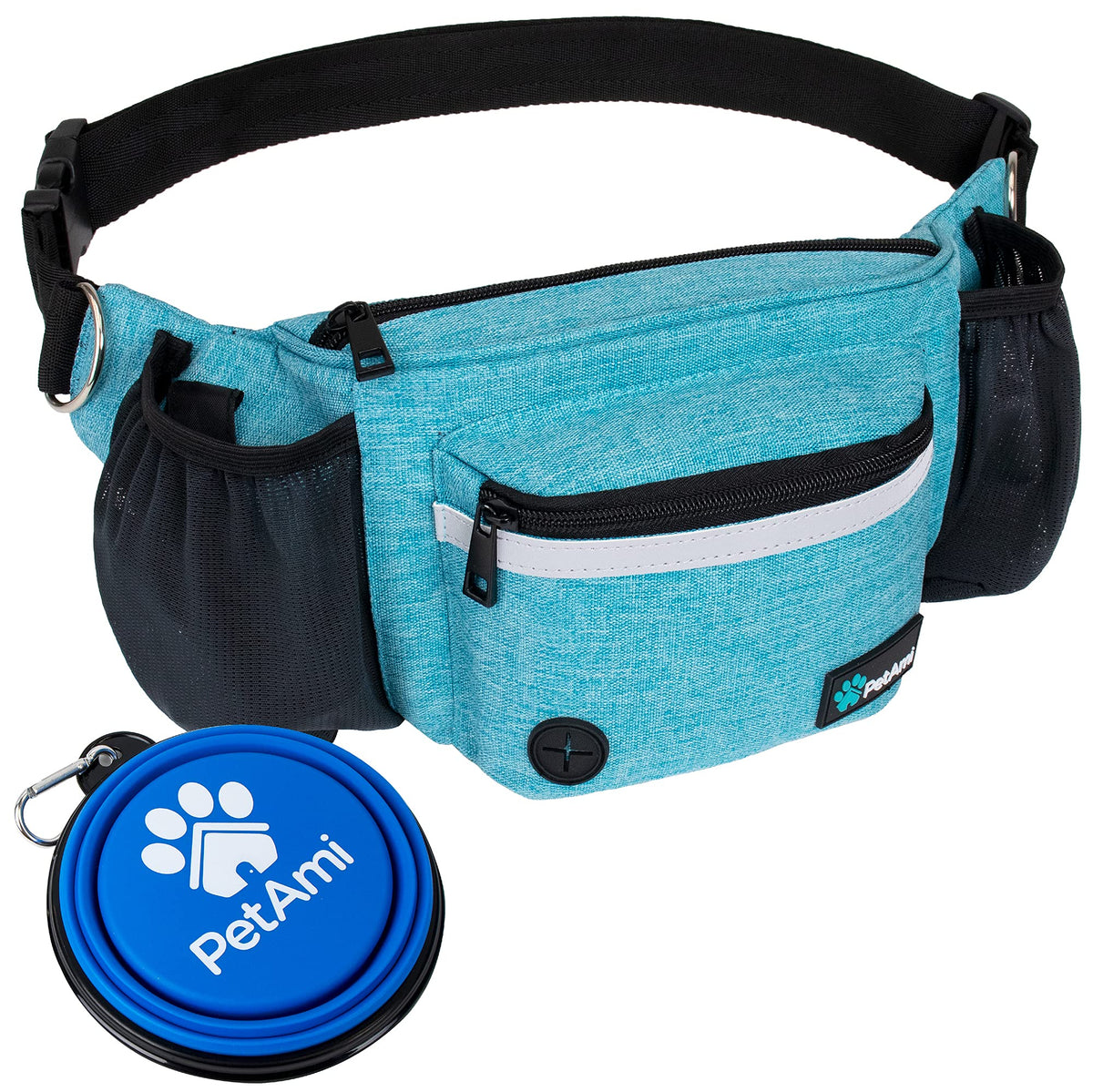 Petami Dog Fanny Pack, Treat Pouch For Dog Walking, Training, Built In Poop Bag Dispenser, Water Bottle Holder, Collapsible Bowl, Pet Treat Waist Belt For Hiking, Running, Kibbles (Turquoise)