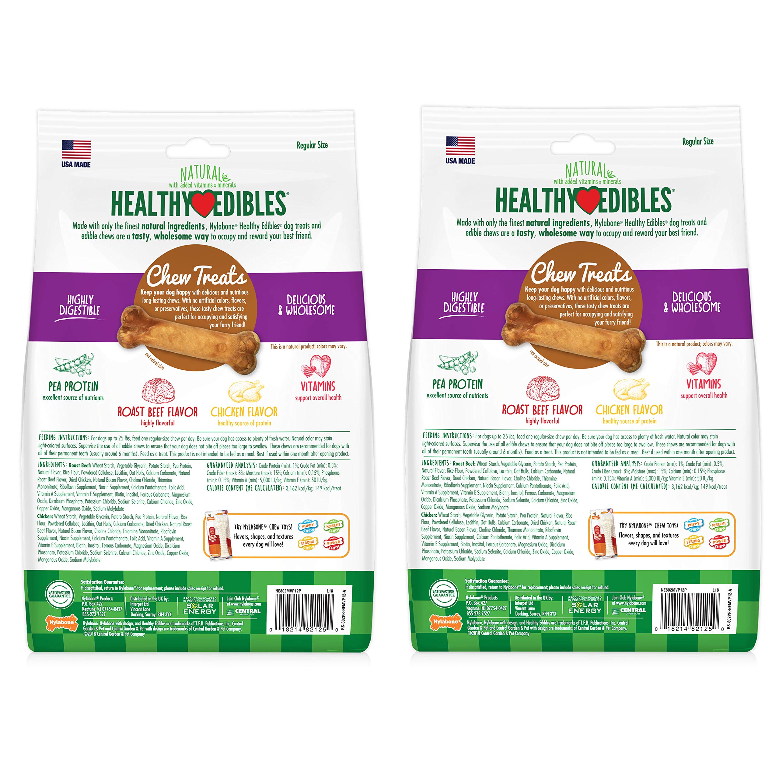 Nylabone Healthy Edibles Natural Dog Chews Long Lasting Roast Beef & Chicken Flavor Treats for Dogs, Small/Regular (24 Count)