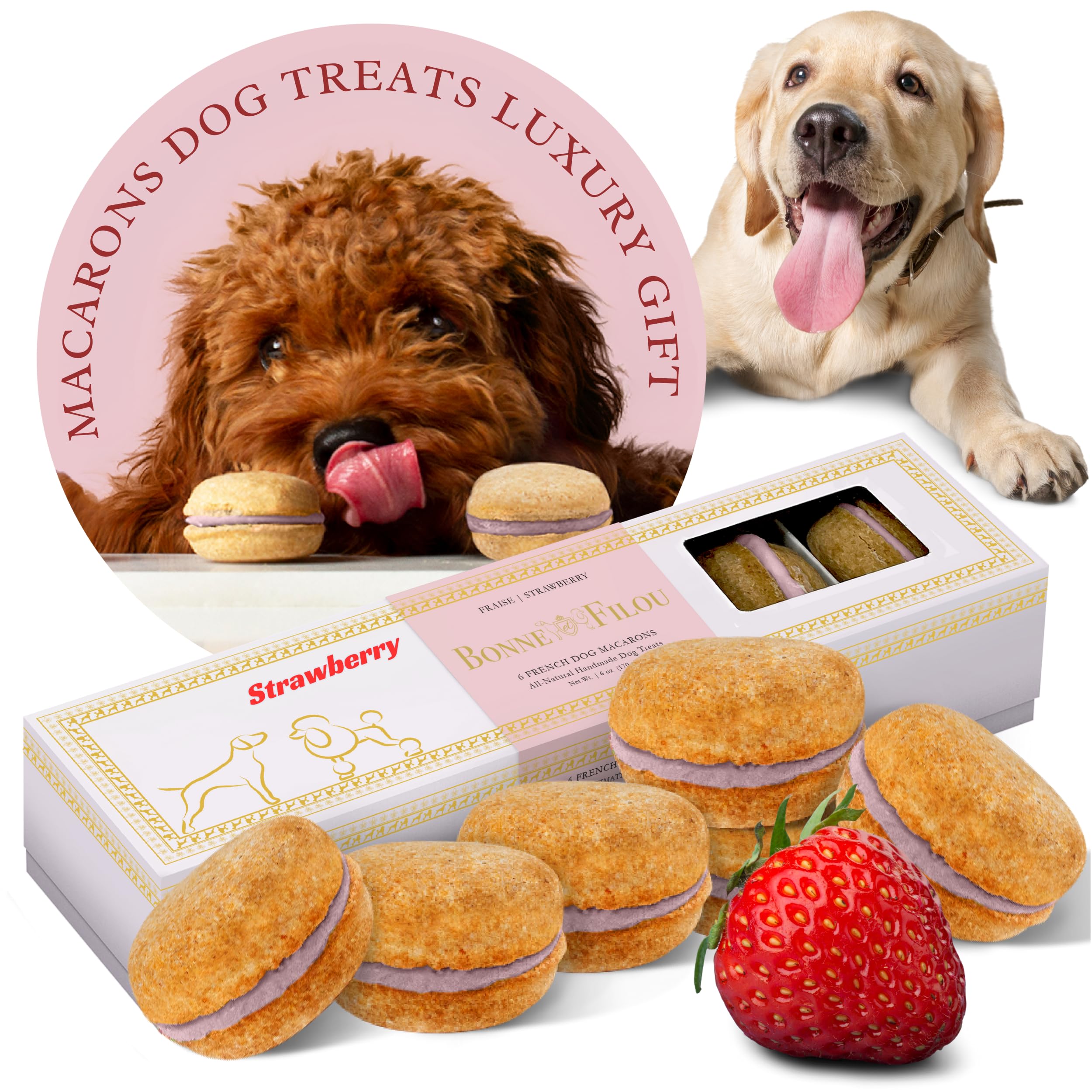 Bonne et Filou Dog Treats Strawberry Cupcakes, Dog Birthday Gift for Medium to Large Breed - Gourmet Macaron Cakes, Healthy & De