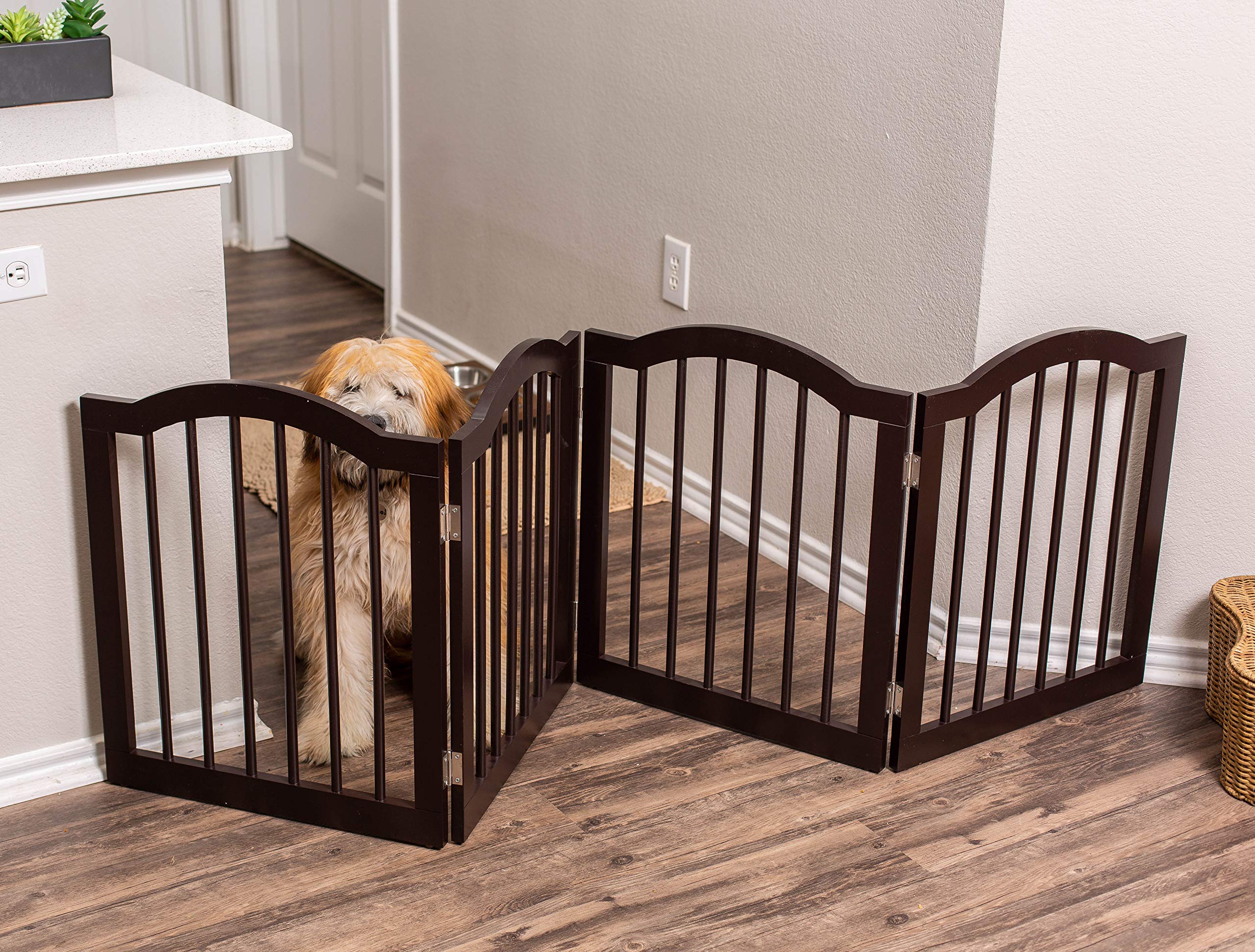 Internet'S Best Arched Top Dog Gate | 4 Panel, 24' H Wooden Pet Barrier For Dogs Or Cats | Freestanding Folding Room Divider For Doorways, Hallways, Stairs, And Porch | Portable, Extra Wide | Espresso