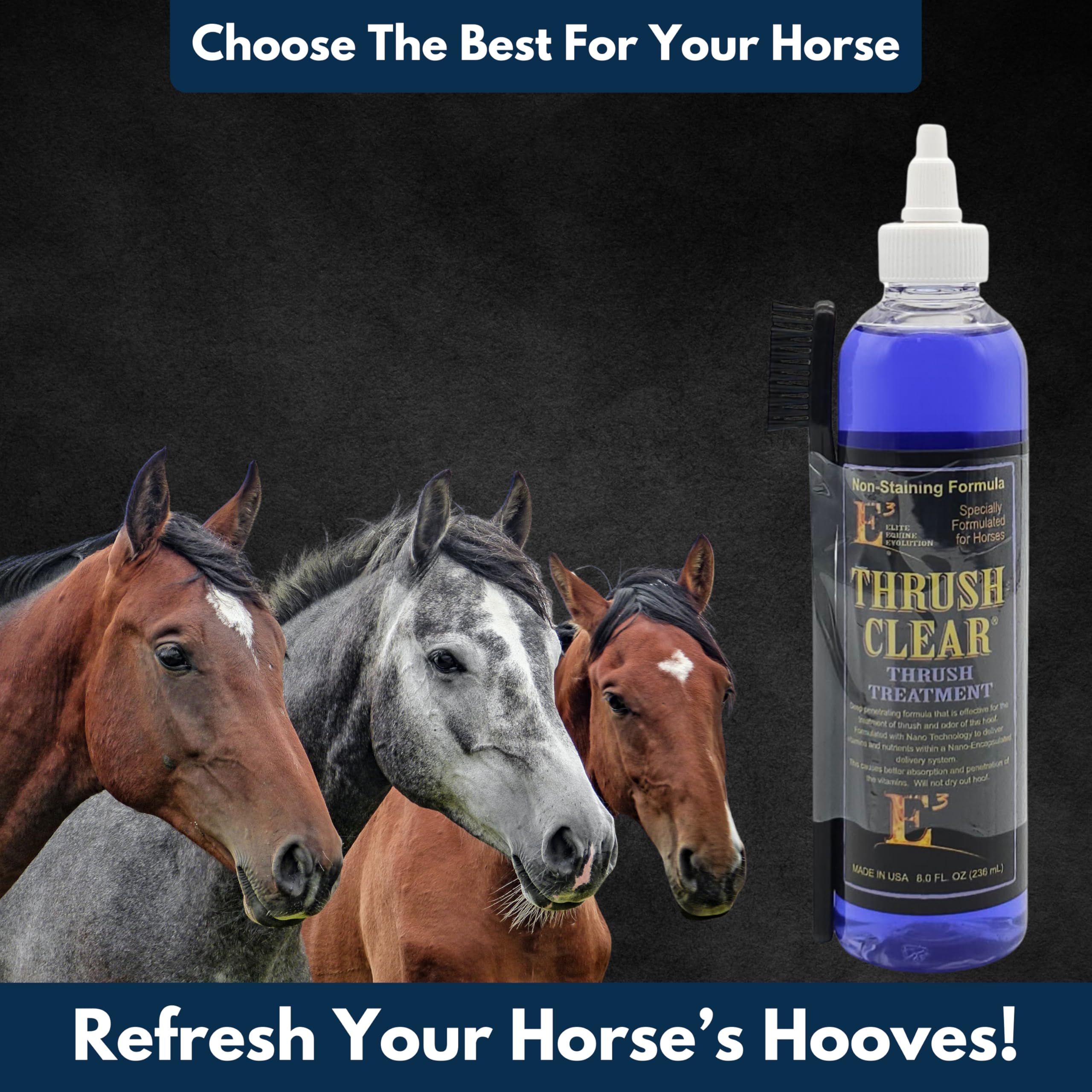 E3 Thrush Clear Treatment - 8 oz - Powerful Solution for Equine Hoof Thrush - Promotes Healthy Hoof Recovery - Prevents Future I