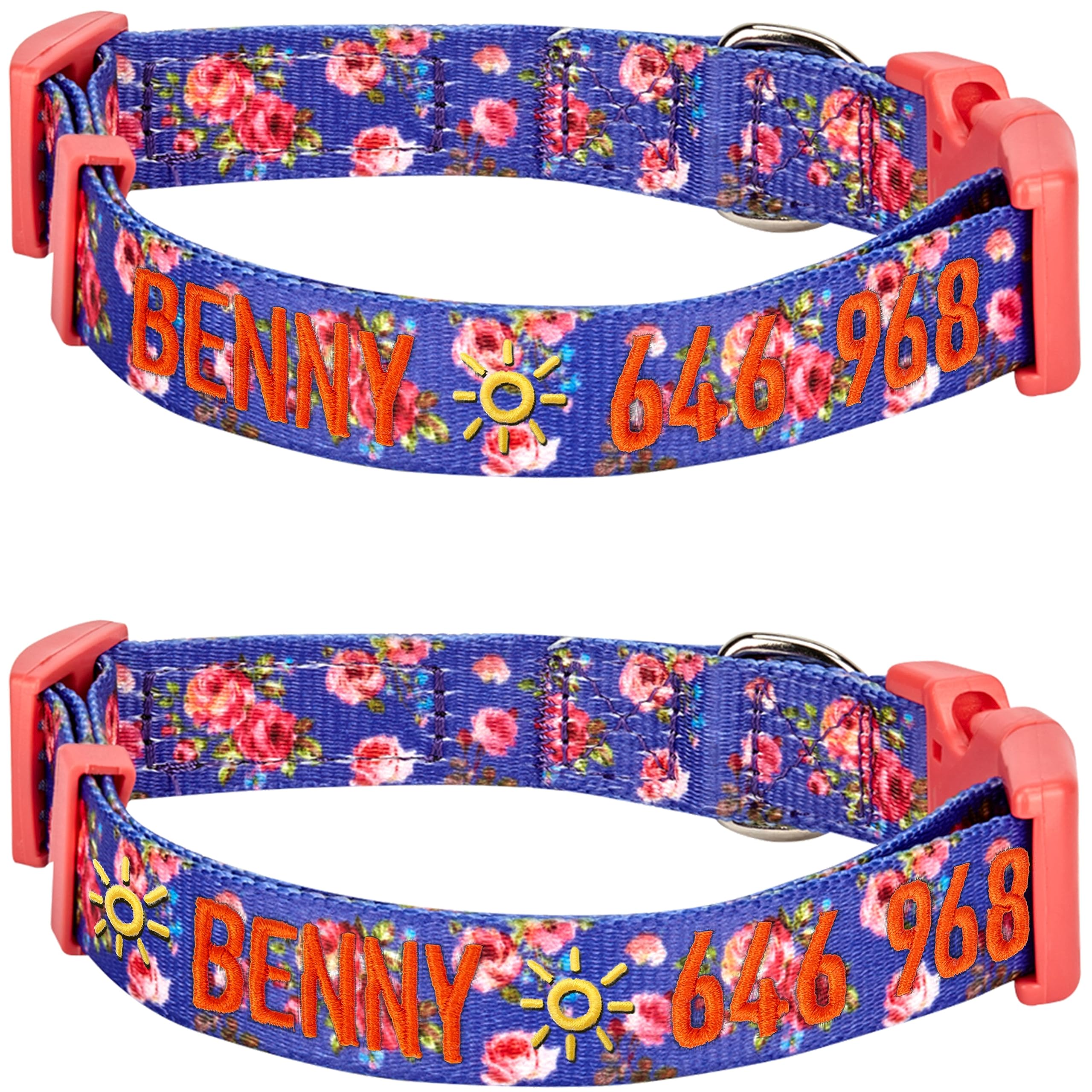 Blueberry Pet 8 Patterns Personalized Customized Adjustable Id Dog Collar, Spring Scent Rose Floral, Irish Blue, Large, Embroide