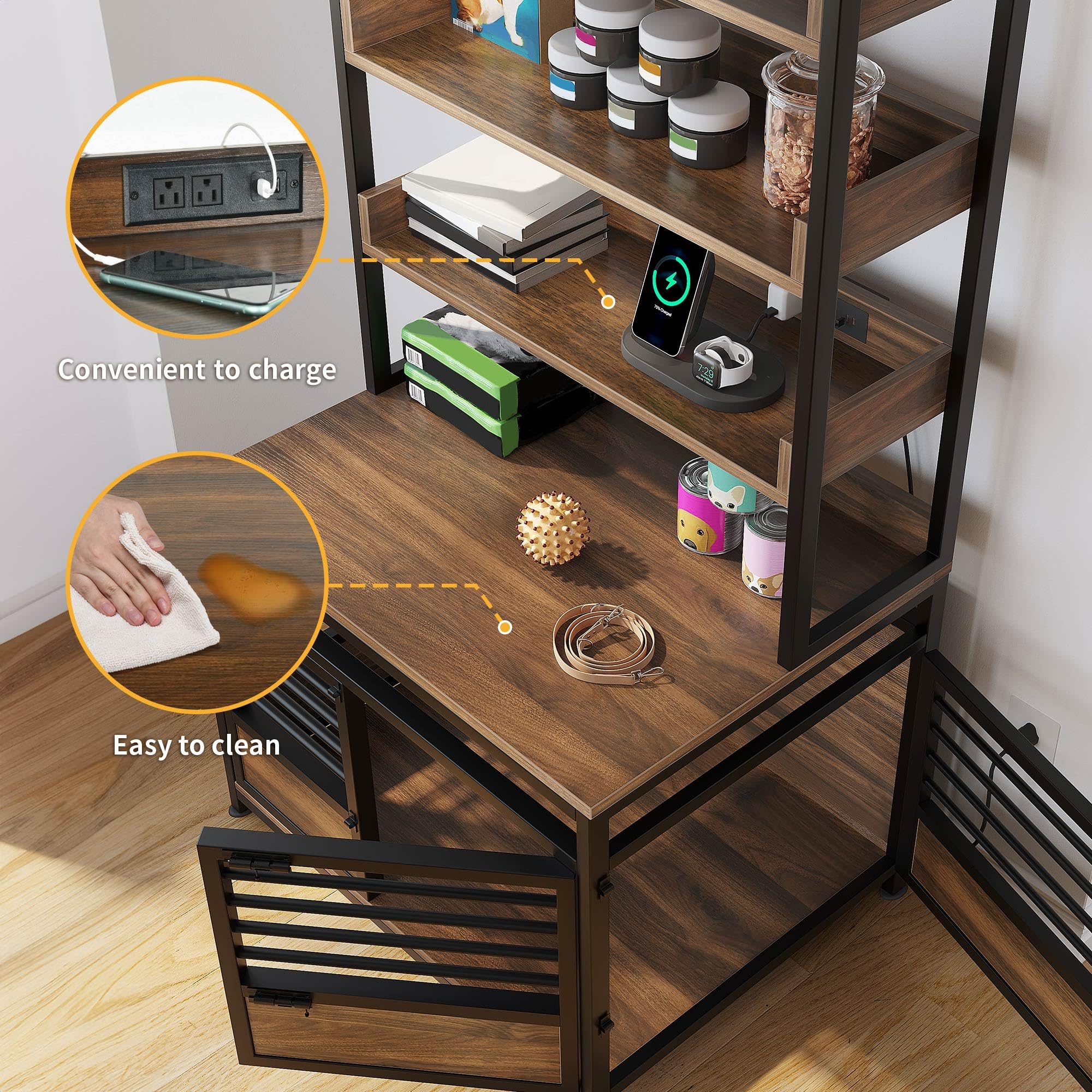 DWVO Dog Crate Furniture with Storage Shelves, Heavy Duty Dog Crate with Charging Station, 39 Inch Dog Kennel Indoor Furniture f