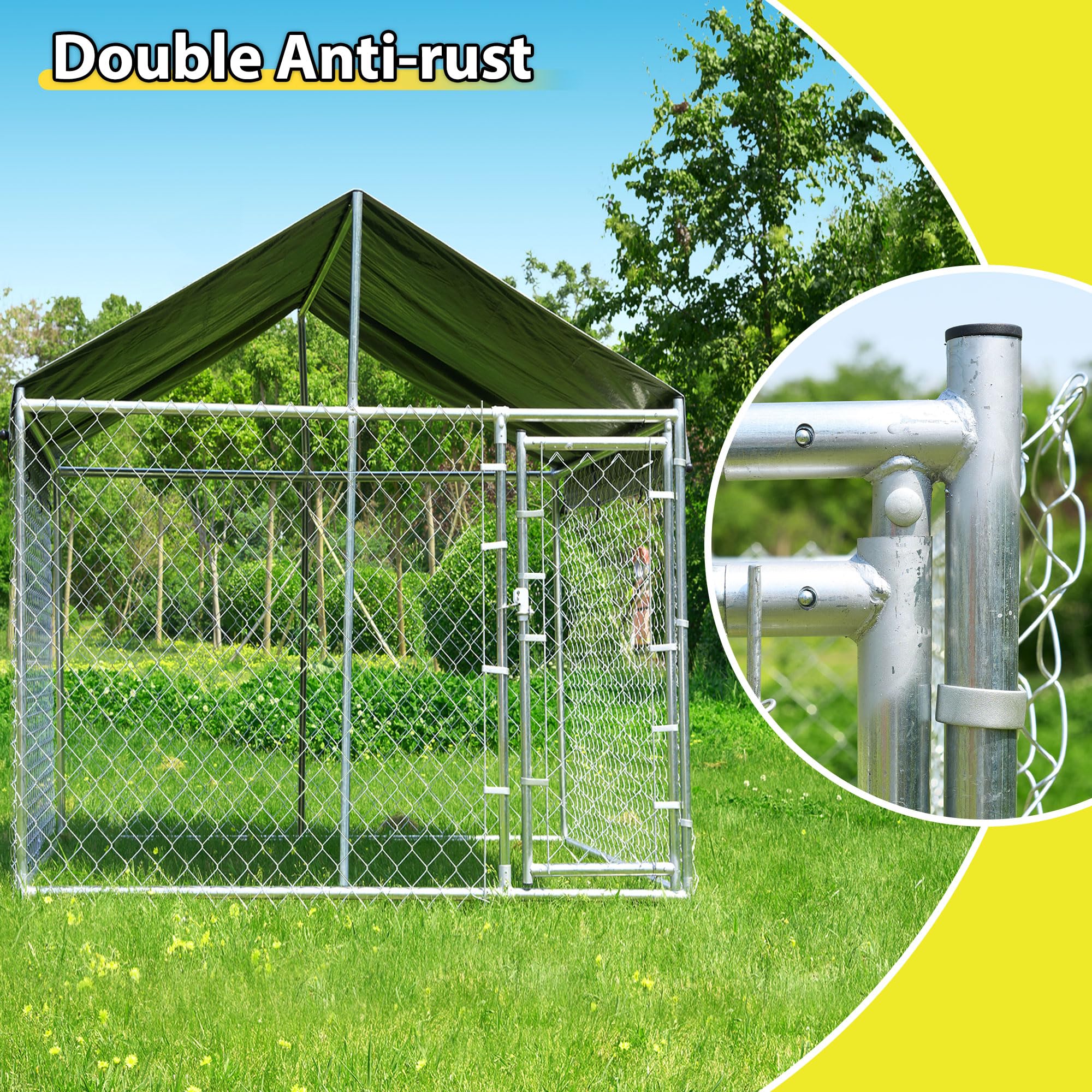 10'X10'X6.56' Large Outdoor Dog Kennel With Roof, Heavy Duty Outside Dog Run Enclosure Dog Pen House Pet Playpen With Galvanized