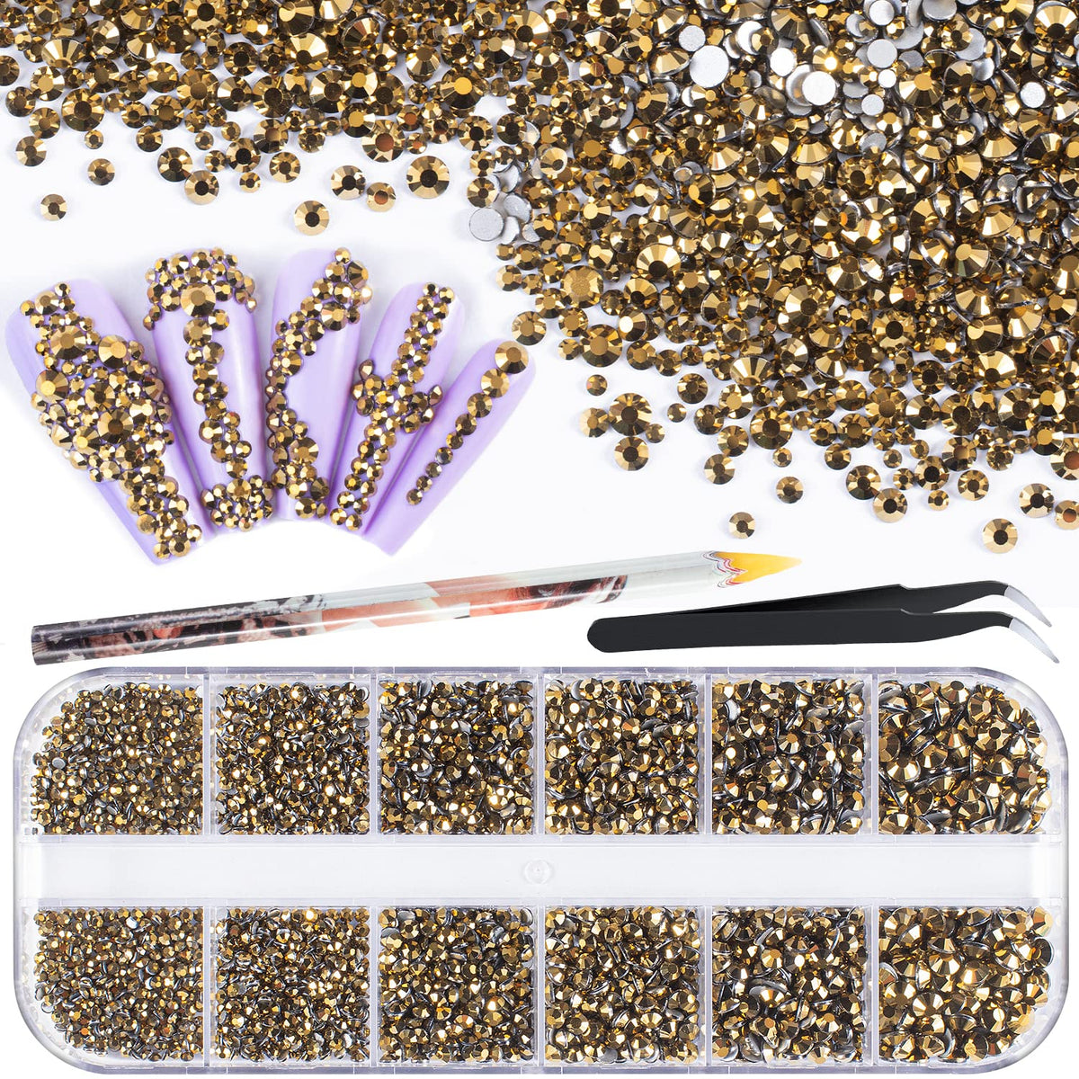3600Pcs Round Glass Mineral Gold Rhinestones 6 Sizes Flatback Crystal Gem Jewel Decoration For Nail Art, Tweezer And Pickup Pen 