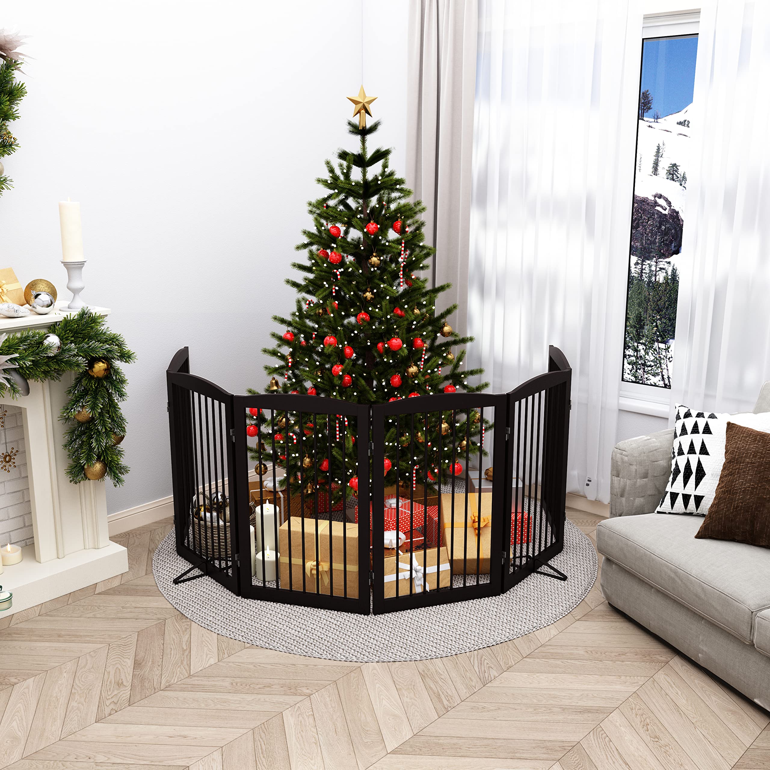PUPETPO Freestanding Wooden Pet Gate for Dogs, 120" Wide, 6 Panels, Dark Brown, Model DB6-32, Foldable for Indoor Use