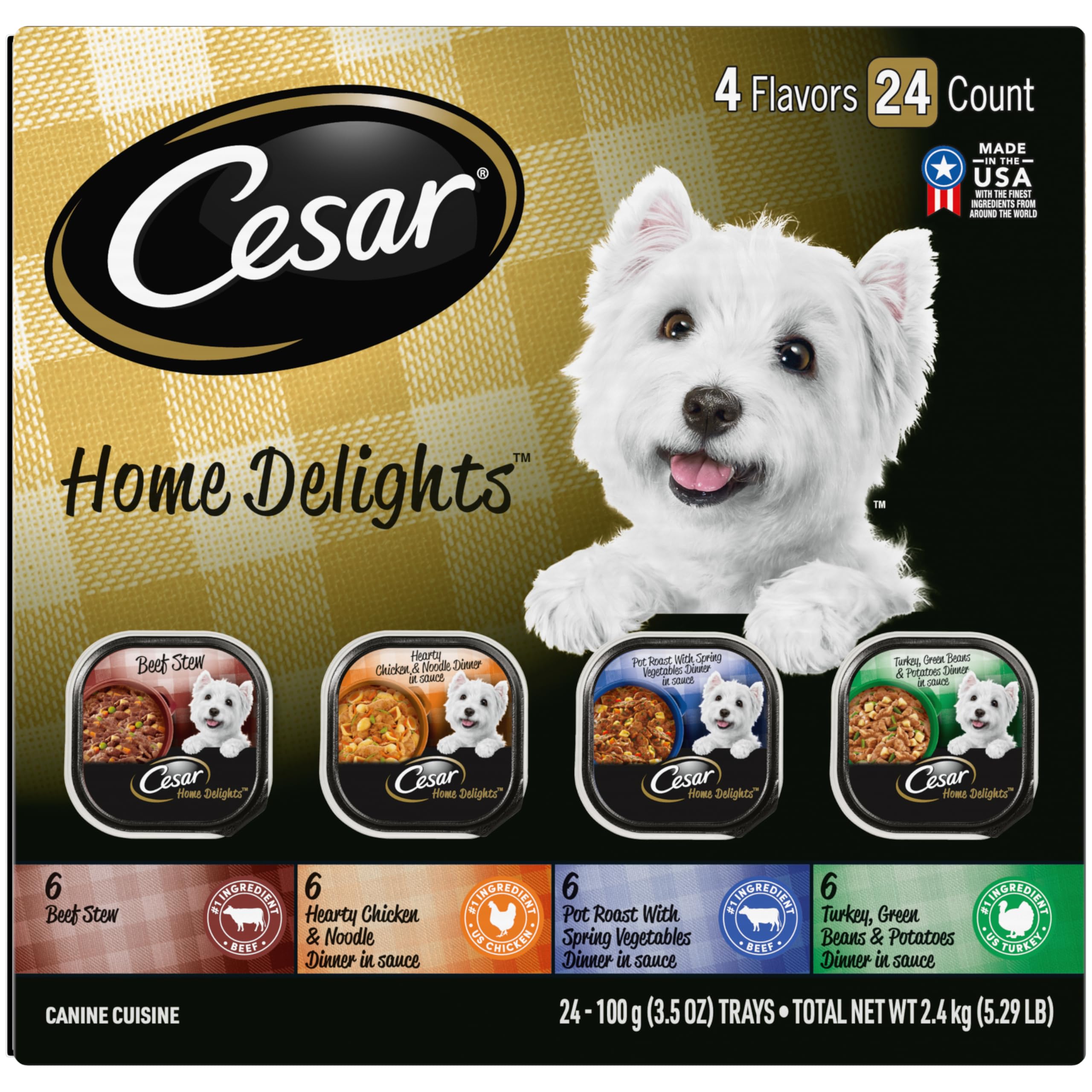 CESAR HOME DELIGHTS Adult Wet Dog Food Pot Roast & Vegetable, Beef Stew, Turkey Potato & Green Bean, and Hearth Chicken & Noodle