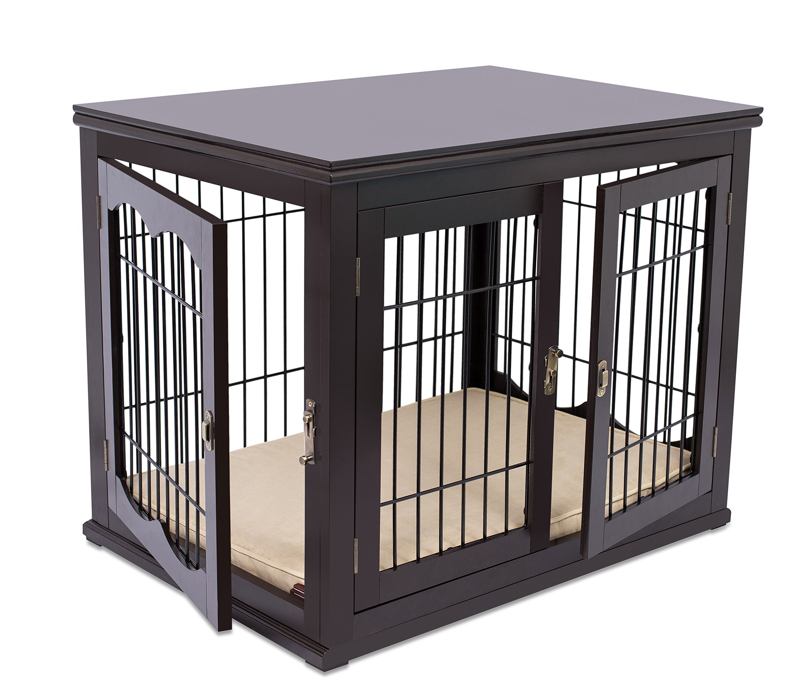Internet'S Best Decorative Dog Kennel With Pet Bed, Small Pet House, Double Door Indoor Crate, Engineered Wood & Wire Furniture, Side Table & Nightstand, Fits Small Dogs - Espresso