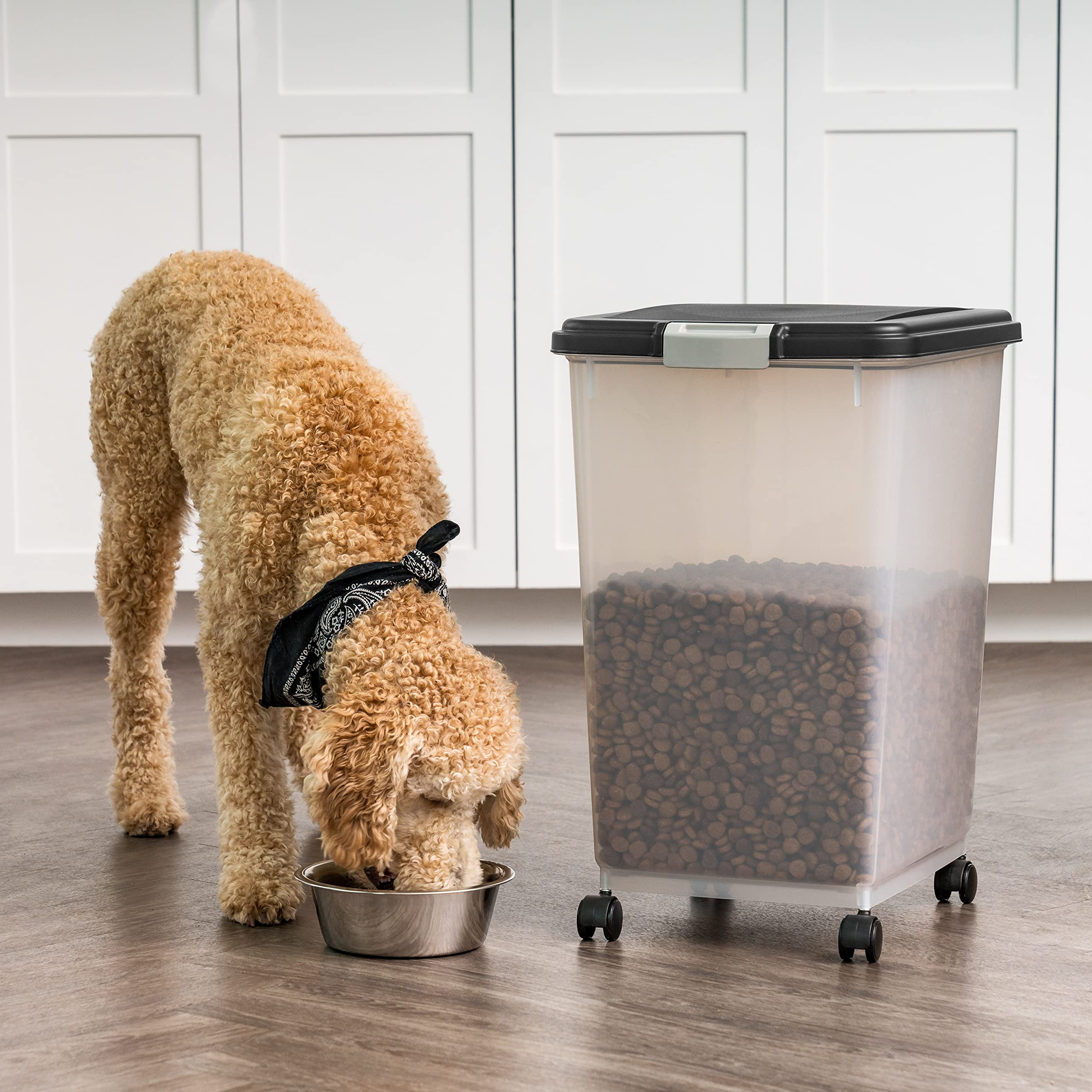 IRIS USA Dog Food Storage Container, Up to 54 Pounds, Attachable Wheels, For Dog Cat Bird and Other Pet Food Storage Bin, Keep F