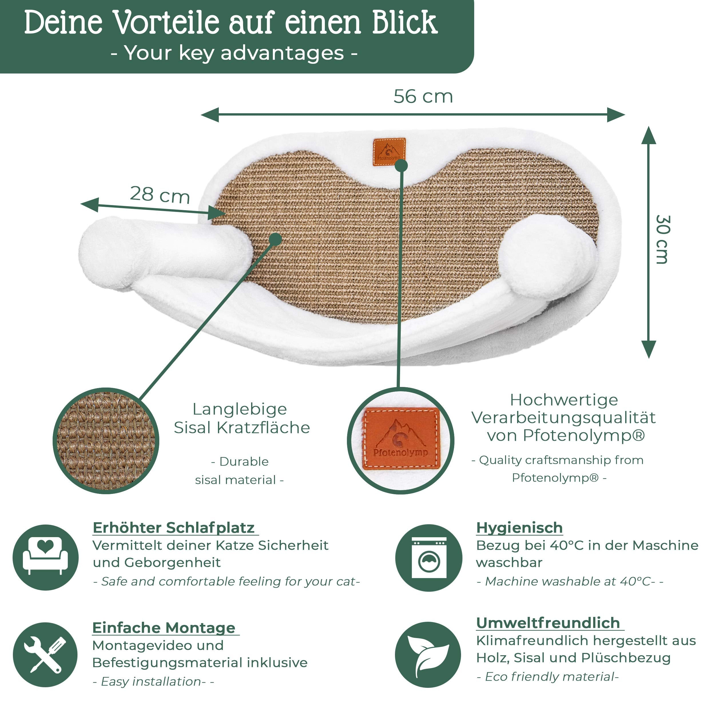 Pfotenolymp Hammock For Cats Stable With Wall Mounting For Cats Up To 10 Kg | Cat Hammock Complete Set | Cat Bed Lounger