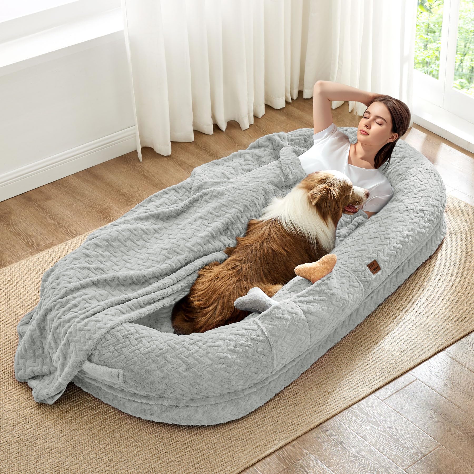 Human Dog Bed for Adult - Luxury Faux Fur Giant Size Dog Bed with Portable Handle, Egg Orthopedic Foam with Blanket, 72x40x10, L