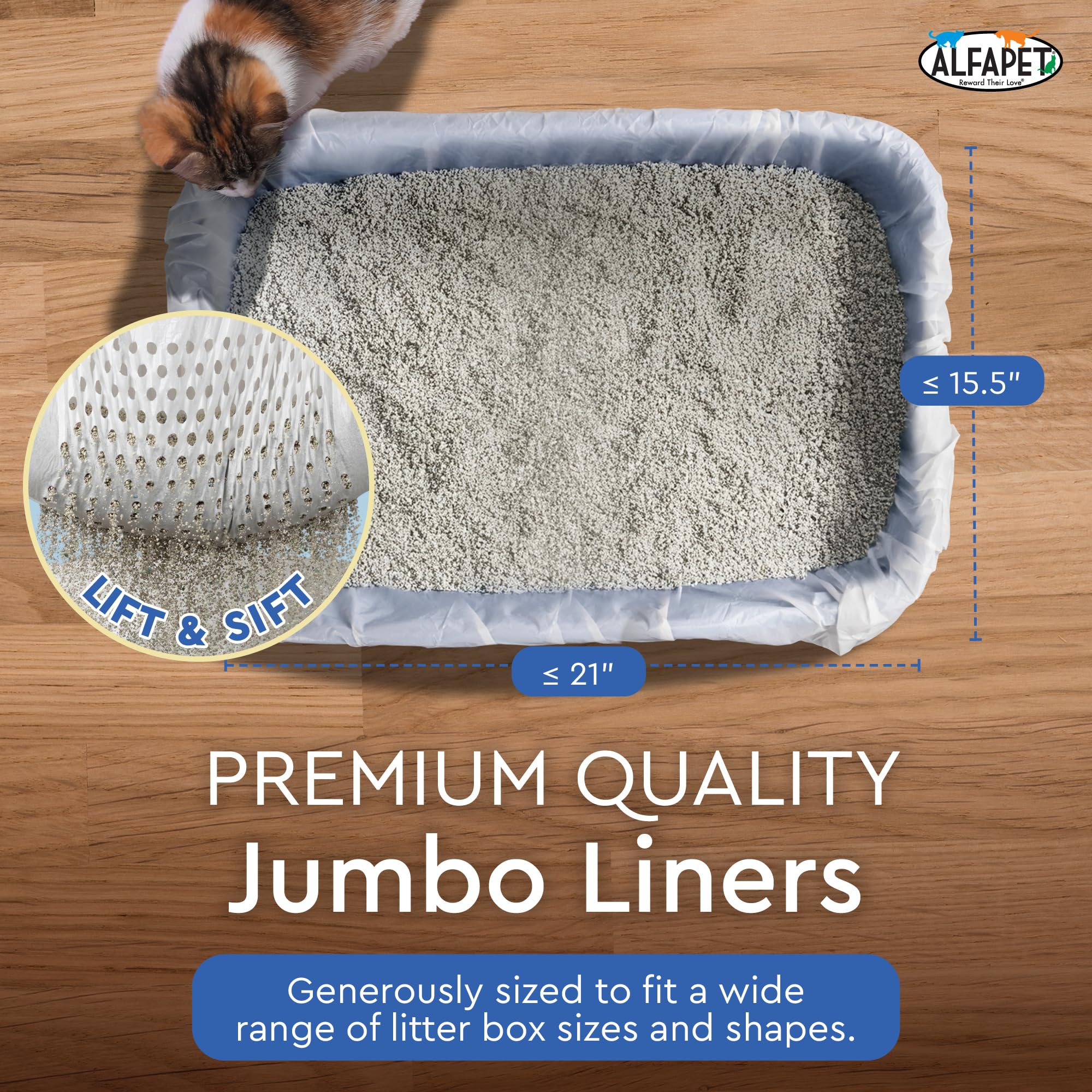 Alfapet Sifting Cat Litter Box Liners - Jumbo 15 Count, Pack Of 5 - Tear-Resistant Cat Litter Bags, Waterproof Kitty Litter Liners, Fits Litterbox Pan Sizes X-Large, X-Giant, 37' X 18' 30 Lb Capacity
