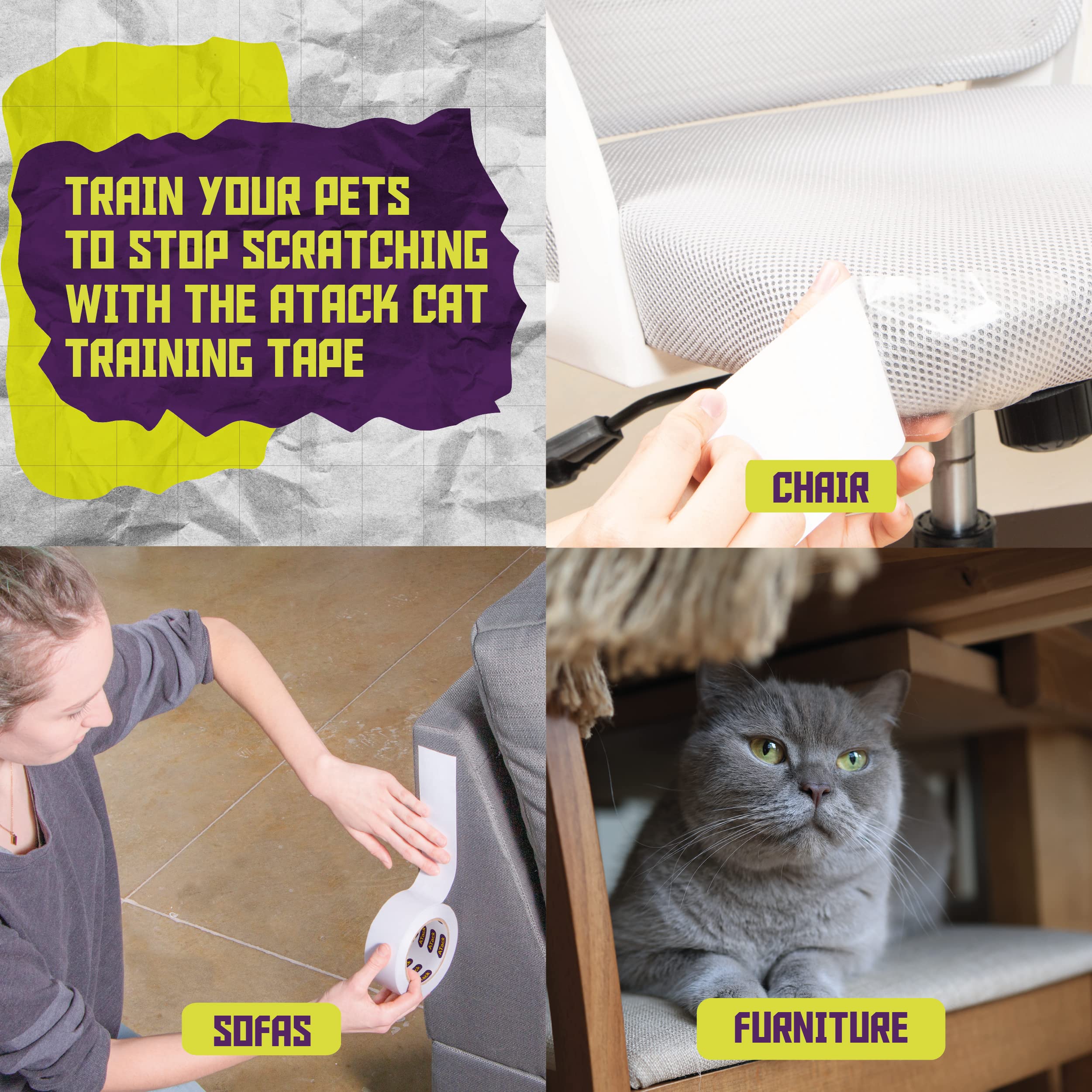Atack Cat Anti-Scratch Training Tape, Residue-Free And Removable, Clear, 2.5-Inches X 20 Yards, Kitty Scratch Deterrent, Prevent