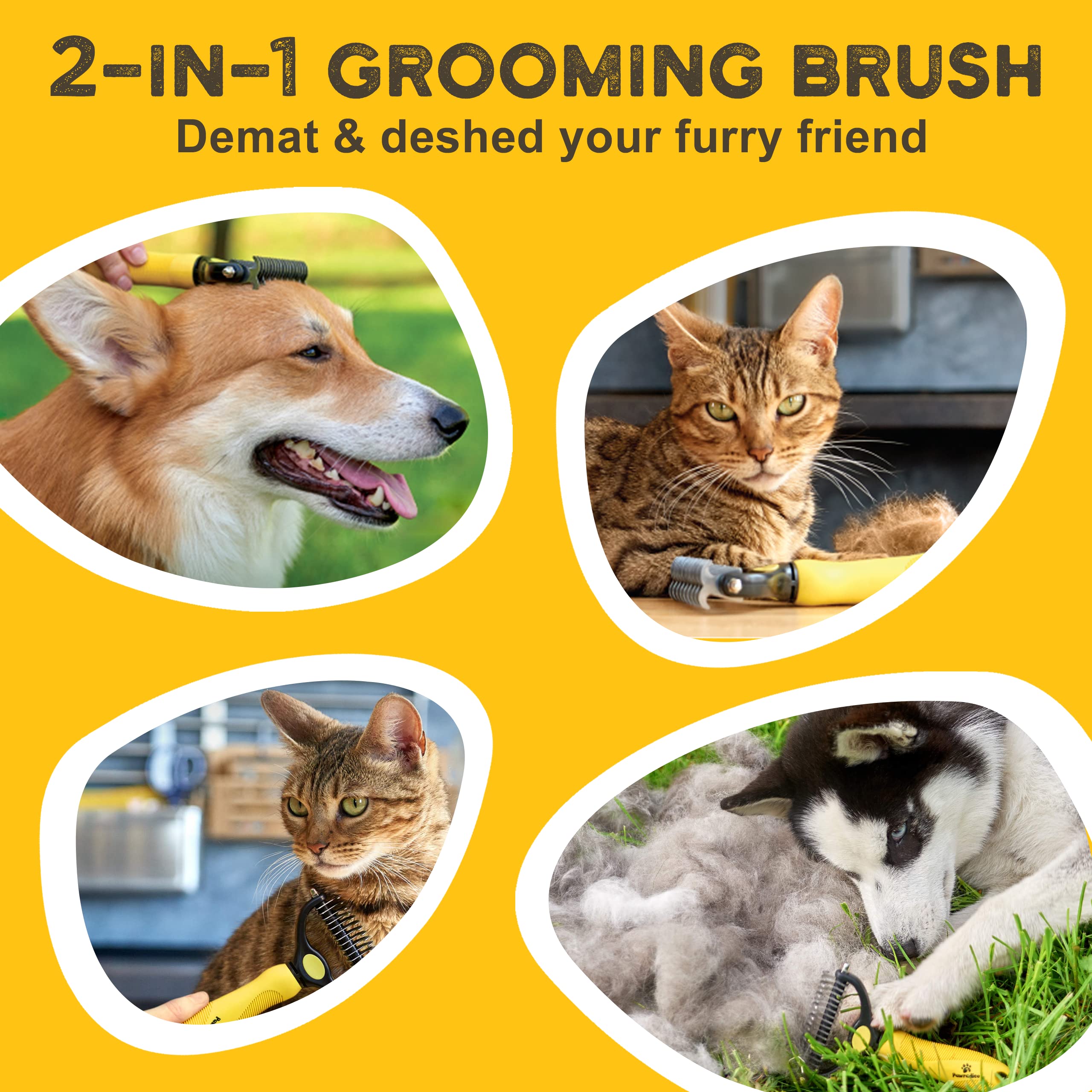 Pawradise Deshedding Dog Brush - Double-Sided Pet Hair Remover For Cats & Dogs - Yellow Undercoat Grooming Rake For Shedding And