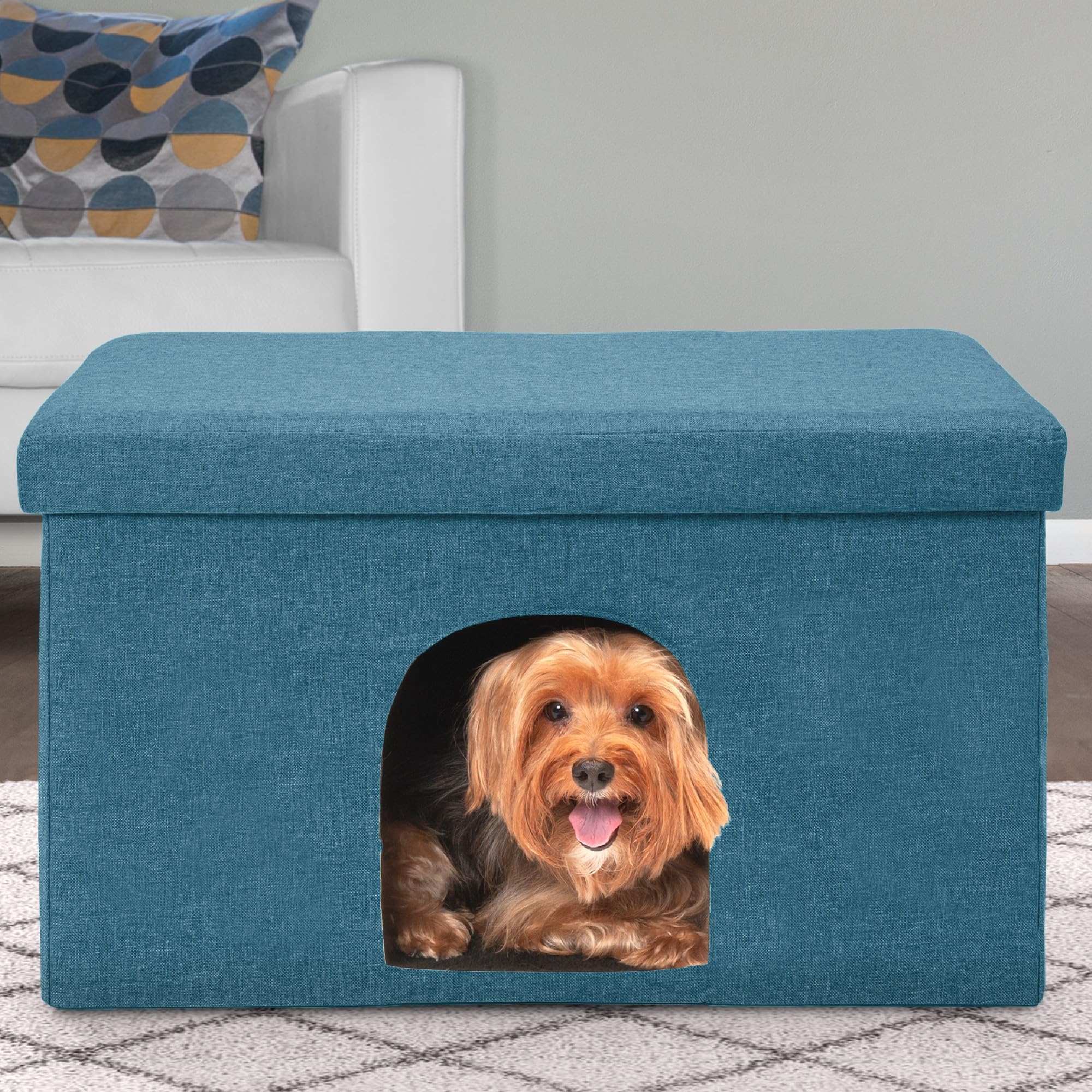 Furhaven Pet House for Indoor Cats & Medium/Small Dogs, Collapsible & Foldable w/ Plush Ball Toy - Living Room Ottoman Cat Condo
