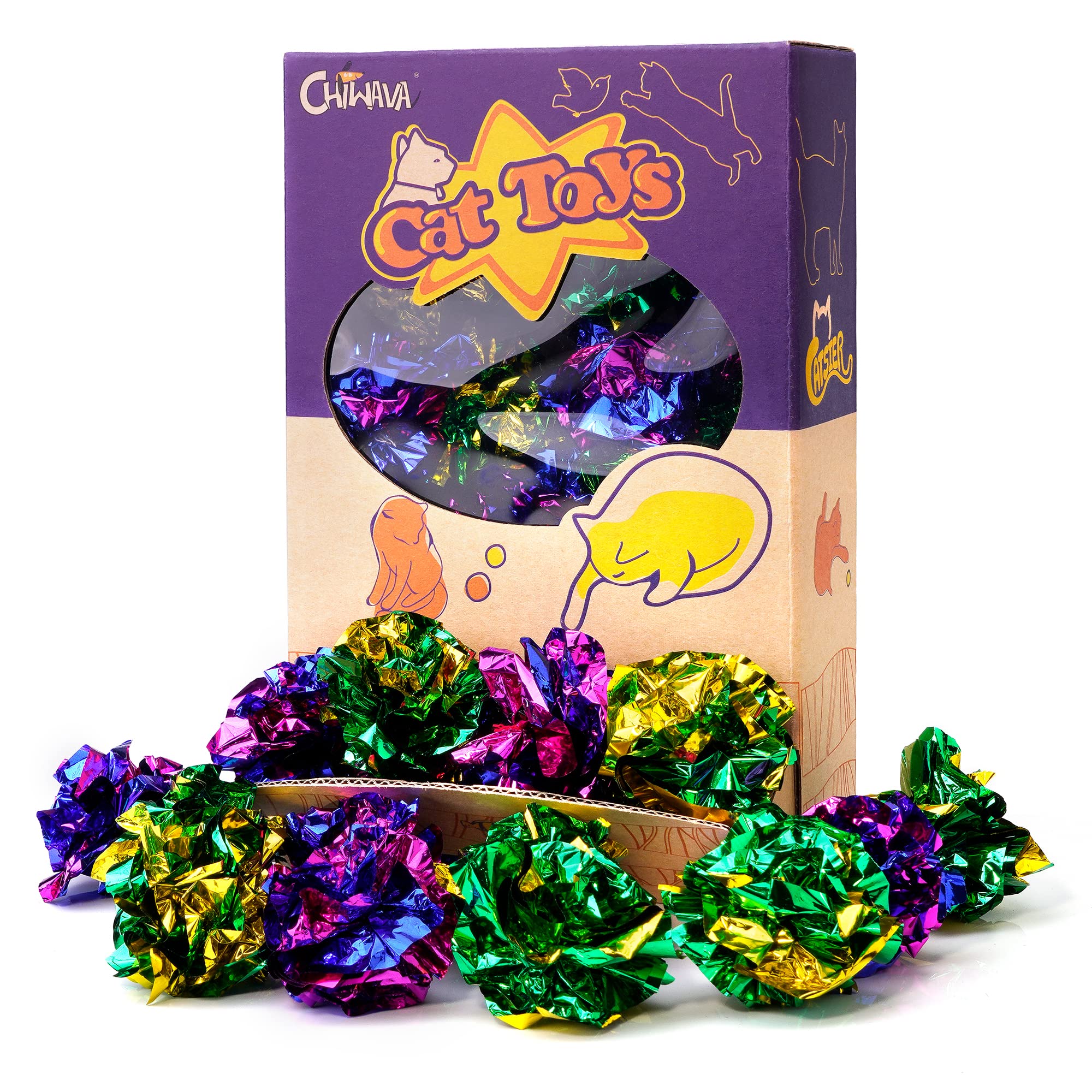 Chiwava 45Pcs 1.6'' Mylar Balls Cat Toy Shiny Crinkle Ball Kitten Crackle Lightweight Play Assorted Color