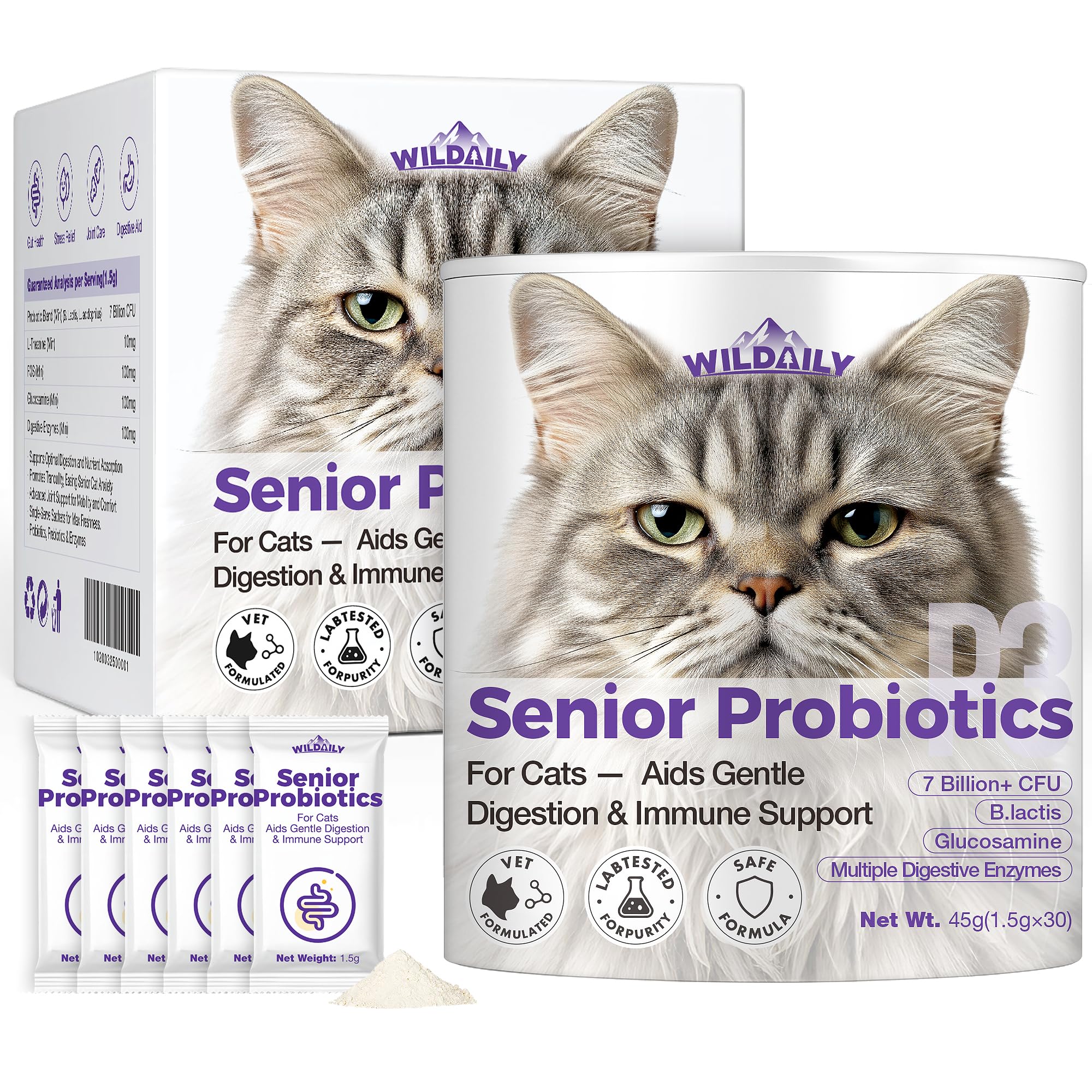 Wildaily Veterinary-Grade Probiotics for Senior Cats - 30 Count Individual Packets, Diarrhea Relief, Joint Health Support, Immun