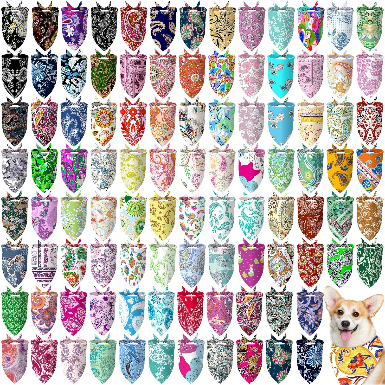 Huhumy 100 Pcs Paisley Dog Bandanas Bulk Pet Bibs Colorful Triangle Scarf Pet XL Paisley Bandanas for Medium Large Dogs Spring S