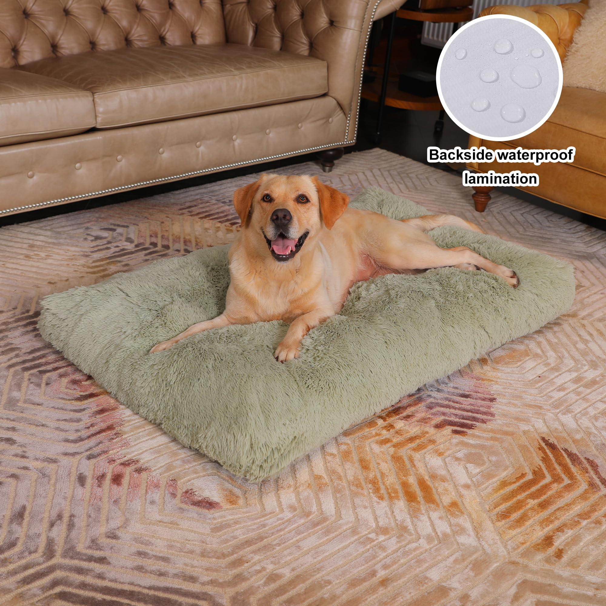 Bedfolks Waterproof Xxl Dog Crate Bed, Plush Pad With Removable Cover, Faux Fur, Washable Kennel Bed, 47''X29'', Sage Green