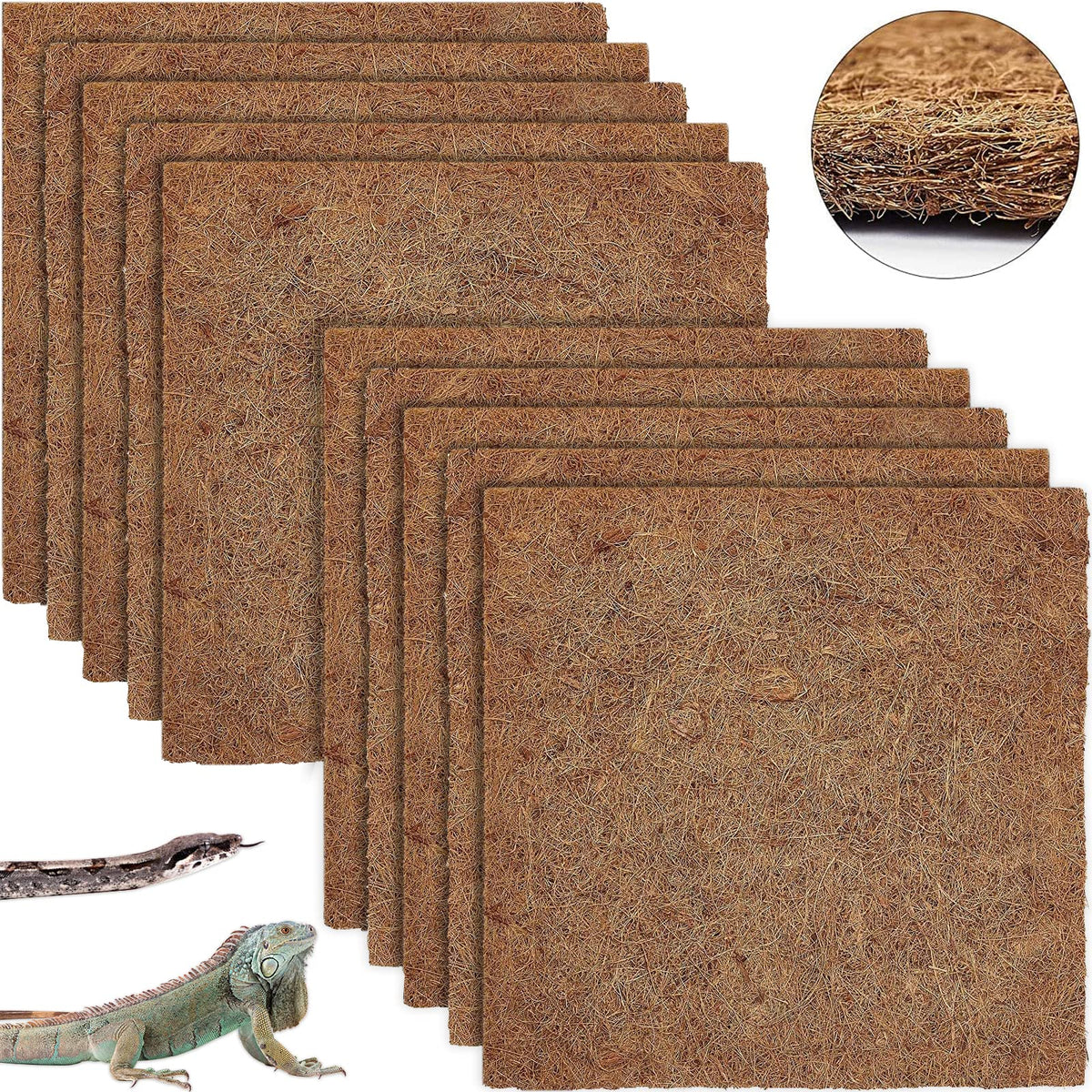 Zeedix 10 Pieces Reptile Carpet- 14 X 14 Inches Natural Coconut Fiber Pet Mat Tortoise Carpet Mat Coco Fiber Substrate Liner Pet Terrarium Liner For Lizard Snake Turtle Gecko Bearded Dragon