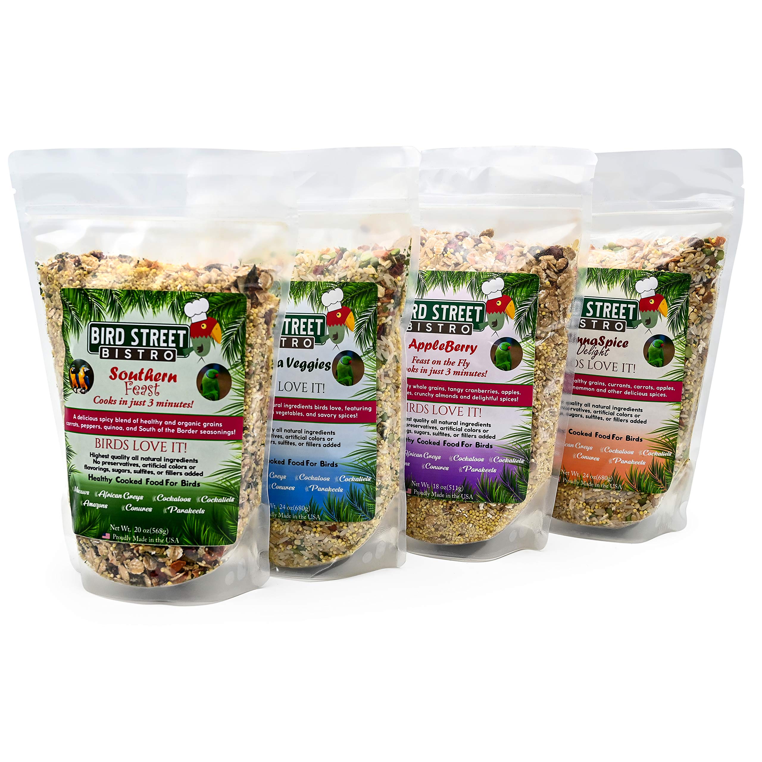 Bird Street Bistro Parrot Food Sample 4 Pack - Parakeet Food - Cockatiel Food - Bird Food - Cooks in 3-15 min w/Natural & Organi