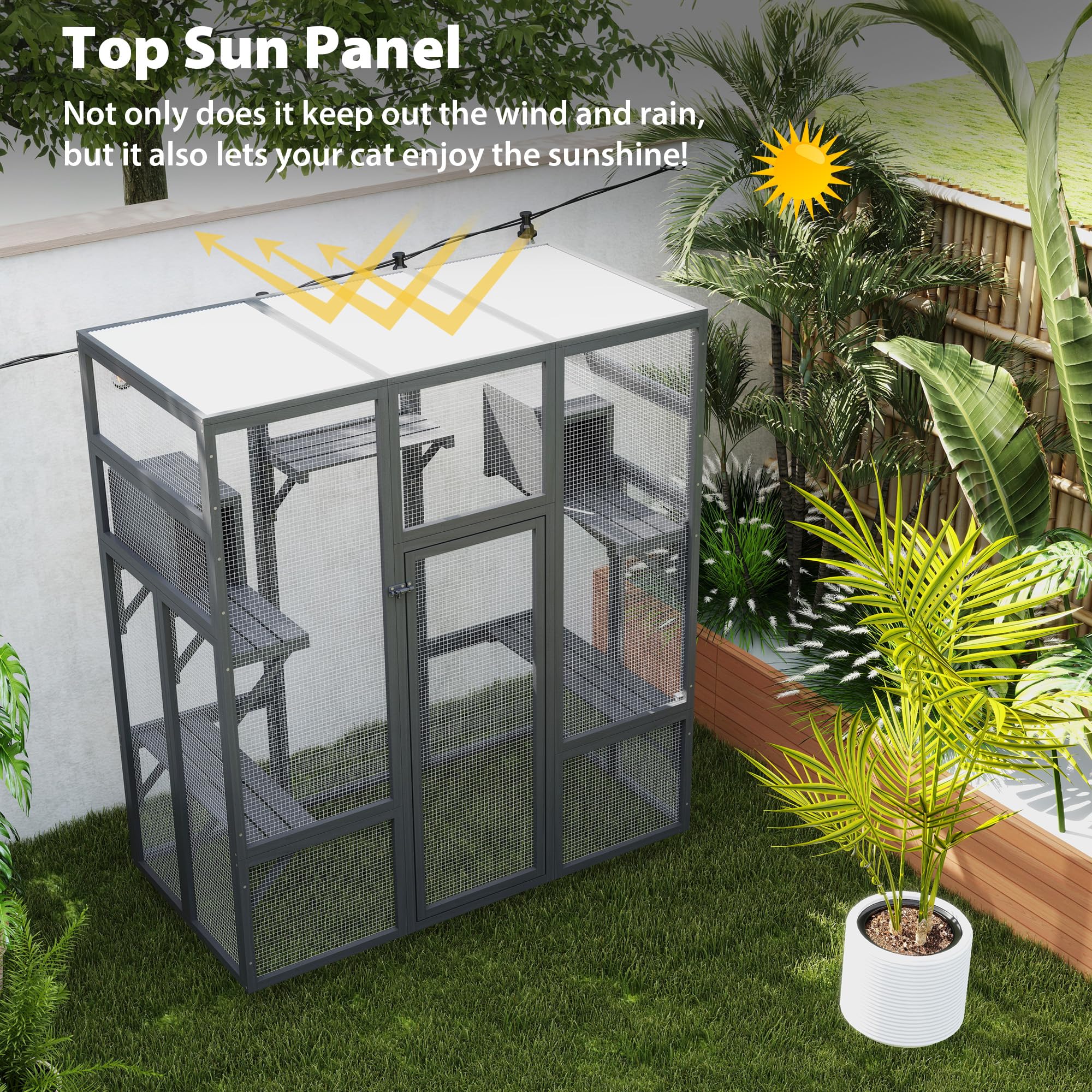 Large Stylish Wooden Catio Outdoor Cat Enclosure Cat Cage & Run Enclosures Indoor Kitty Window Catio With Waterproof Roof, 7 Pla