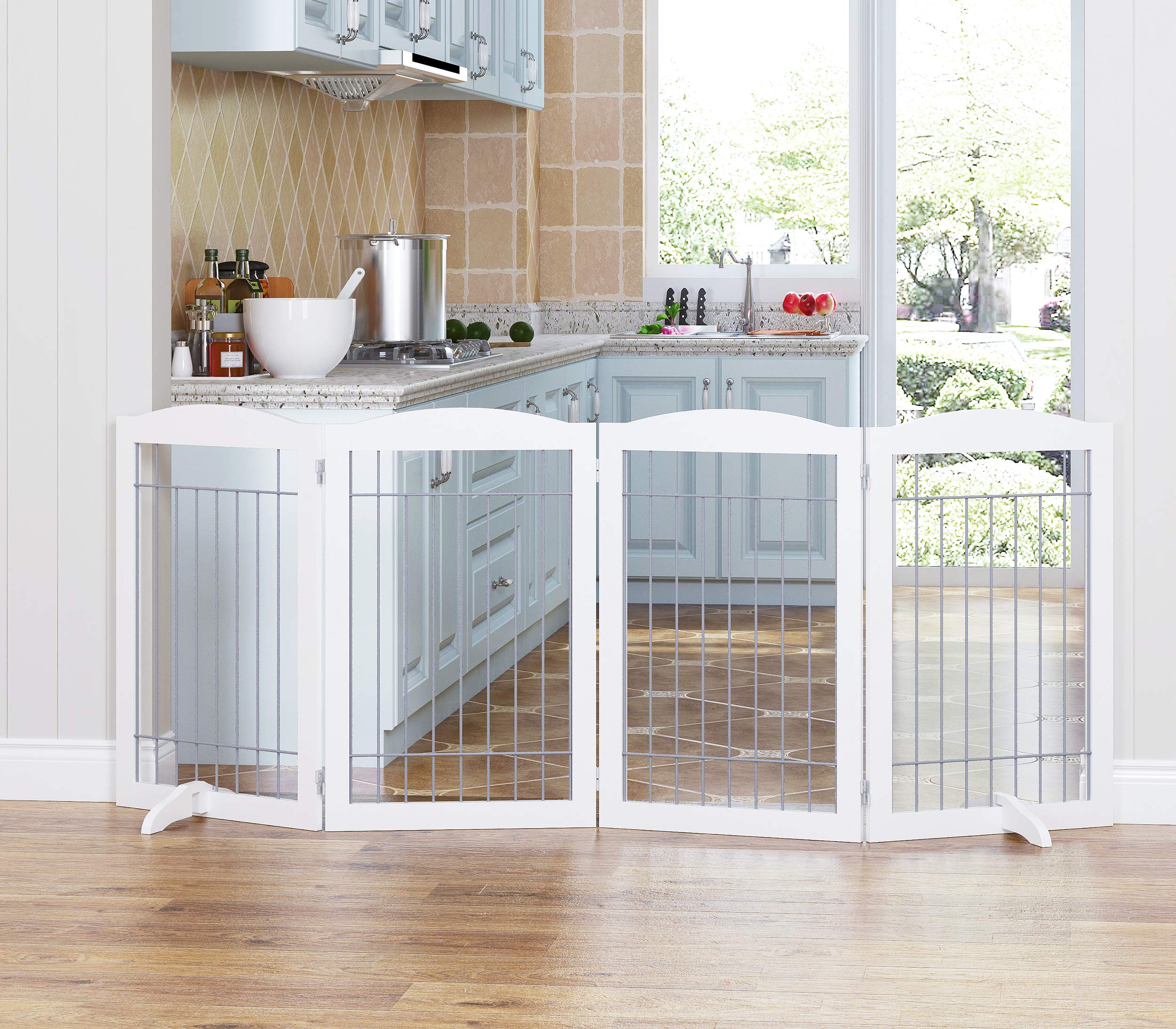 Spirich Extra Wide And Tall Dog Gate For The House, Doorway, Stairs, Freestanding Foldable Wire Pet Gate For Dogs, 80-Inch Wide,30 Inches Tall, White (4 Pannels)