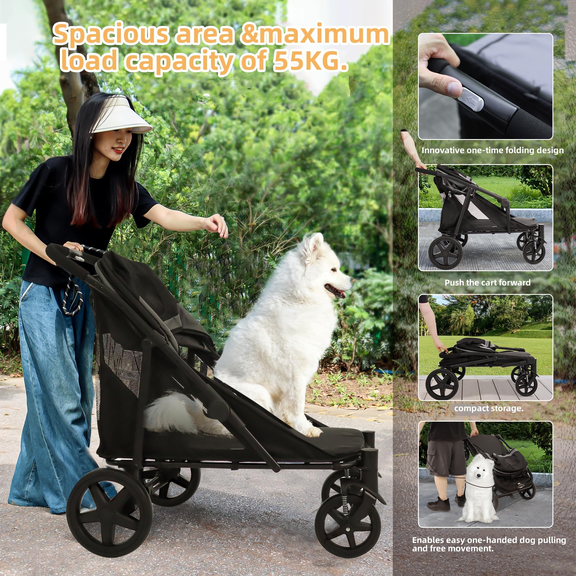 Dog Stroller For Medium/Large Dogs One-Click Folding 4 Wheel Pet Stroller Foldable Dog Stroller For 2 Dogs Jogger Stroller With