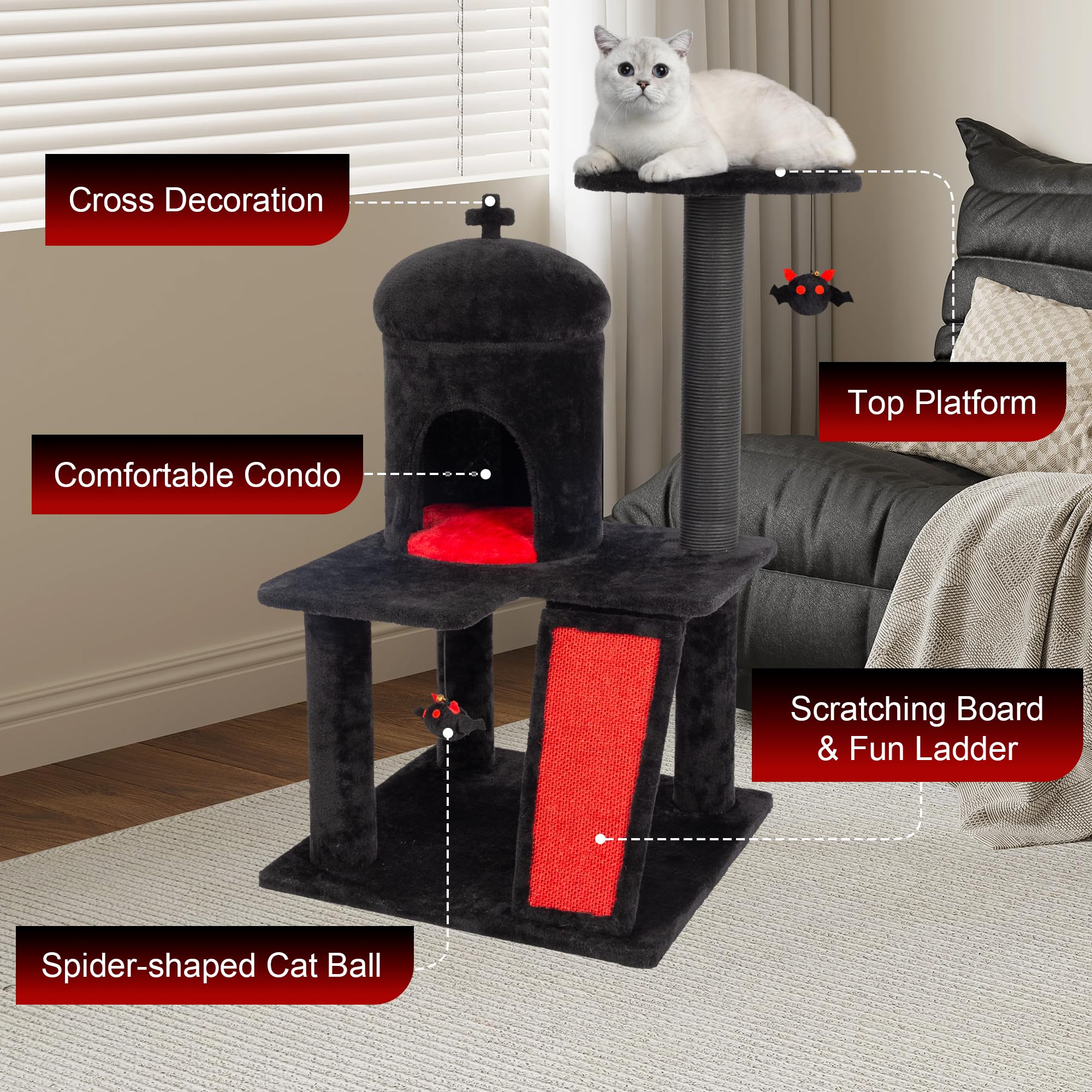 Kamaboko Gothic Cat Tree, 36.5In Black Cat Tower With Coffin Bed, Big Tall Cat Condo With Sisal Scratching Posts, Scratching Ram