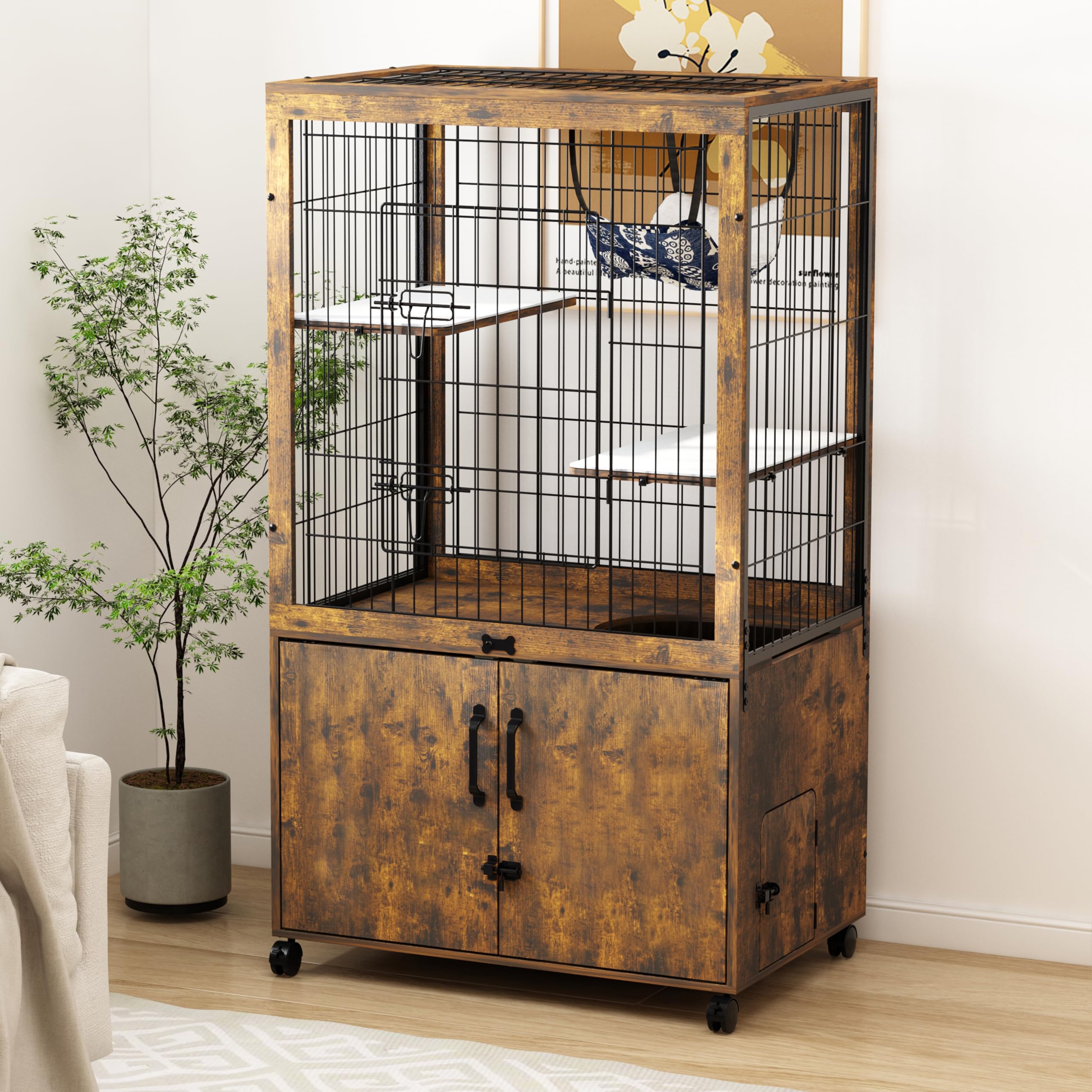 Megidok Furniture Cat Cages Indoor with Wooden Hidden Litter Box Enclosure Built-in Urine Cover Cat Kennel Cat Crates Cat Plaype