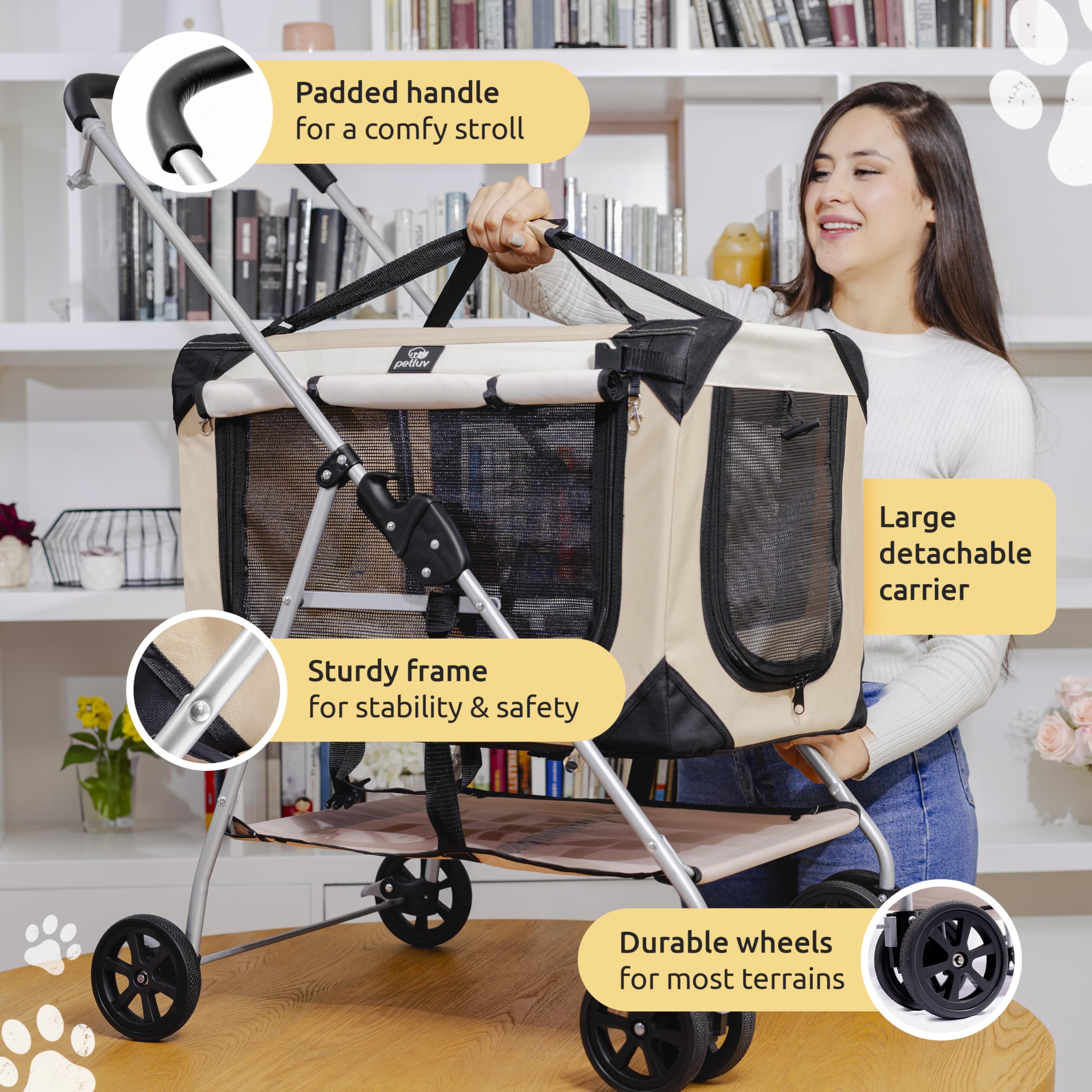 Petluv Pet Stroller, Fits 2 Cats, Small To Medium Dogs (Up To 45 Lbs), Detachable, Soft-Sided Pet Carrier, Collapsible, Includes