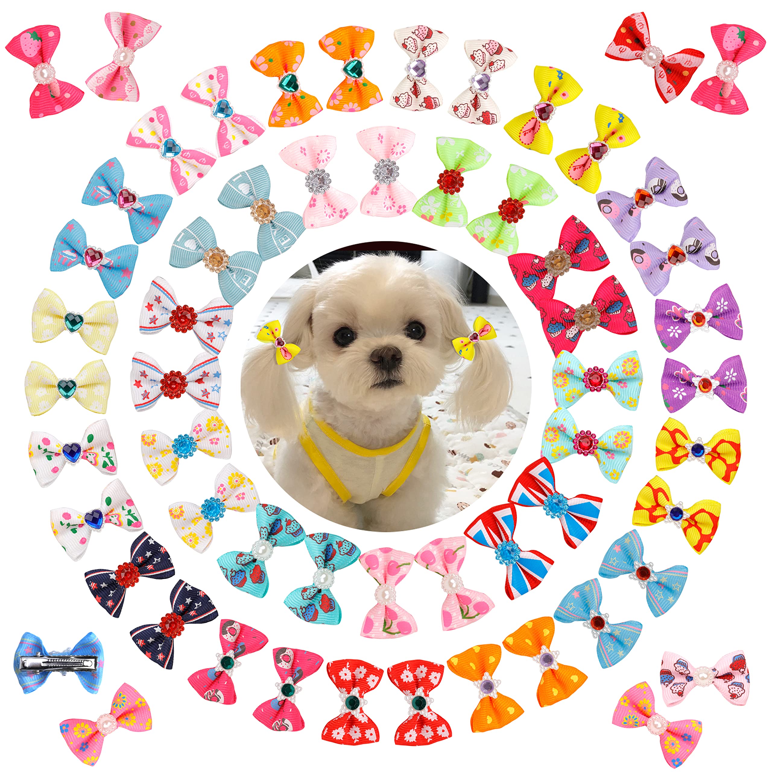 60Pcs Puppy Dogs Hair Barrettes Bows With Metal Clips,Rhinestone Tiny Christmas Bowknot Hair Bows Hair Topknot Hair Clips For Cat Puppy Party Birthday ,Handmade Hair Accessories Pet Grooming