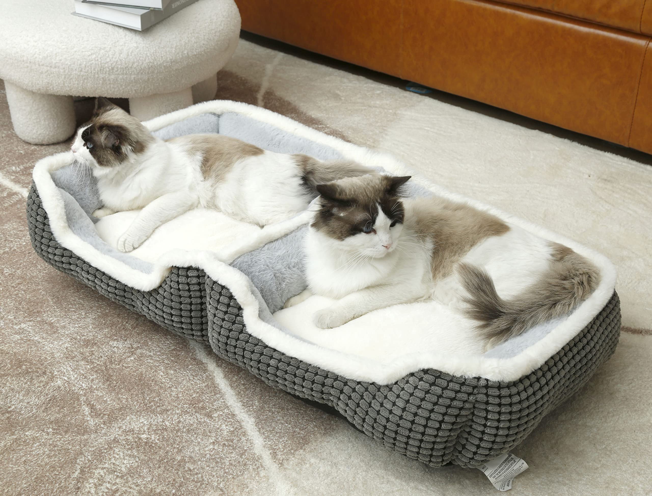 Dog Beds For Two Small Dogs, Double Cat Beds For Indoor Cats,Washabel Super Soft Durable Kitten Bed And Puppy Bed,?nti-Slip & Water-Resistant Bottom,Luxury Rectangle Grey Pet Bed