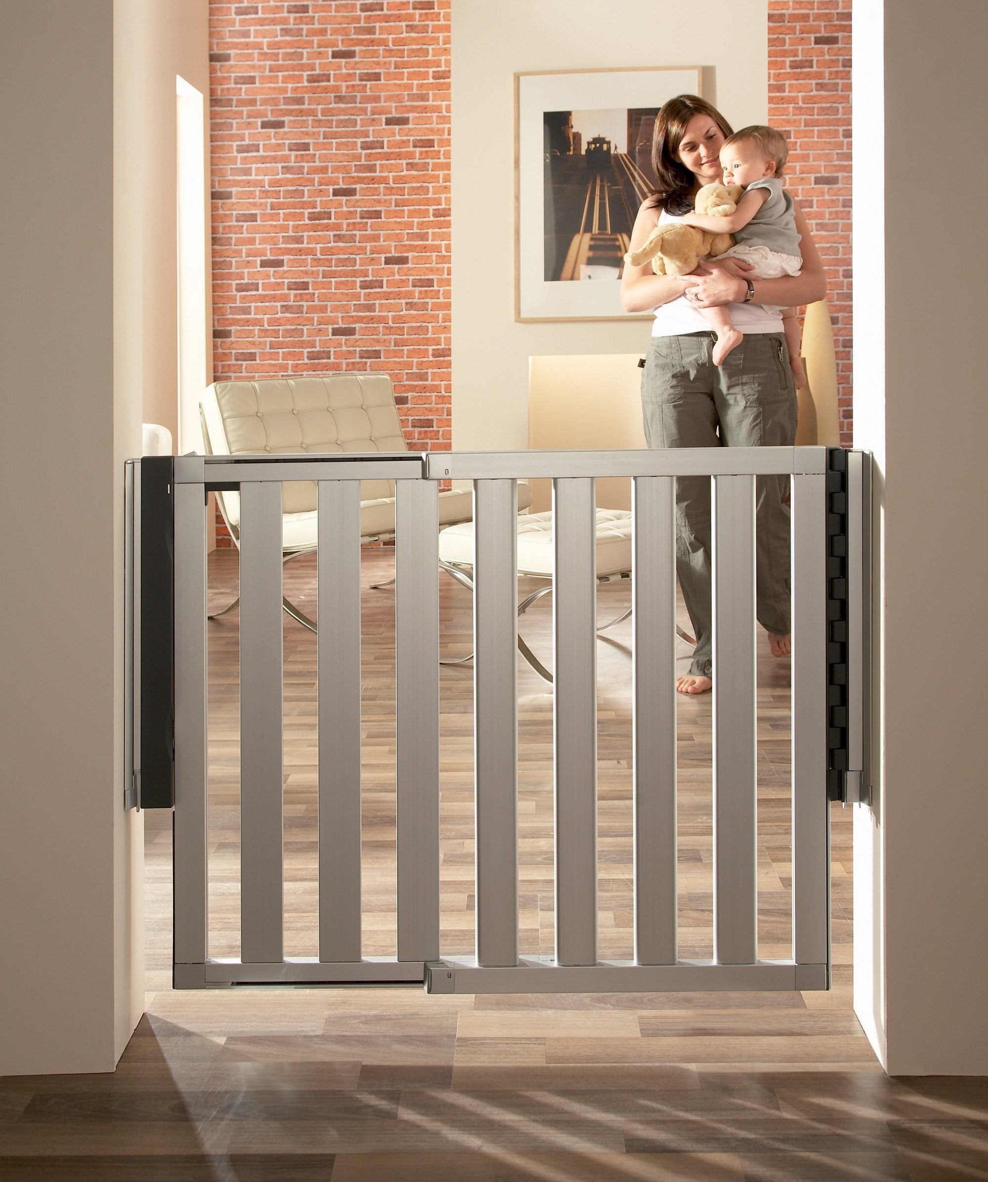 Munchkin Loft Hardware Mounted Baby Gate, Silver Aluminum, for Stairs & Doors, Extends 26.5-40, 40x30.5 Inch, Safe & Durable