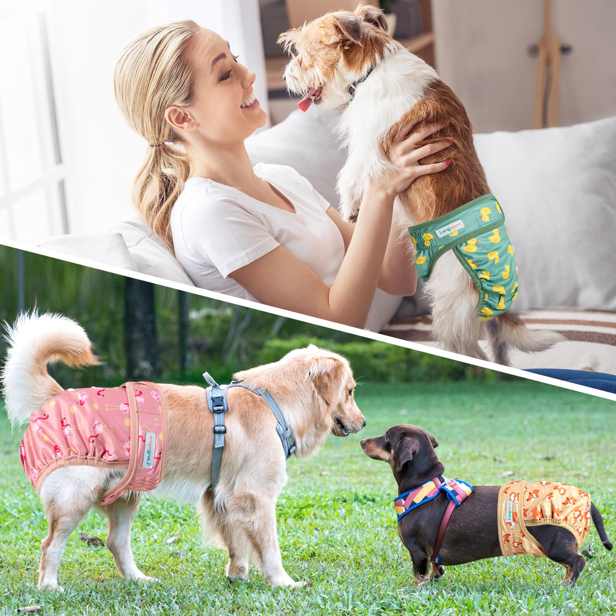 Langsprit Washable Female Dog Diapers - Doggie Reusable Diapers for Doggy Puppy Female in Period - Highly Absorbent Dog Heat Panties (Flamingo Duck) L -Like New