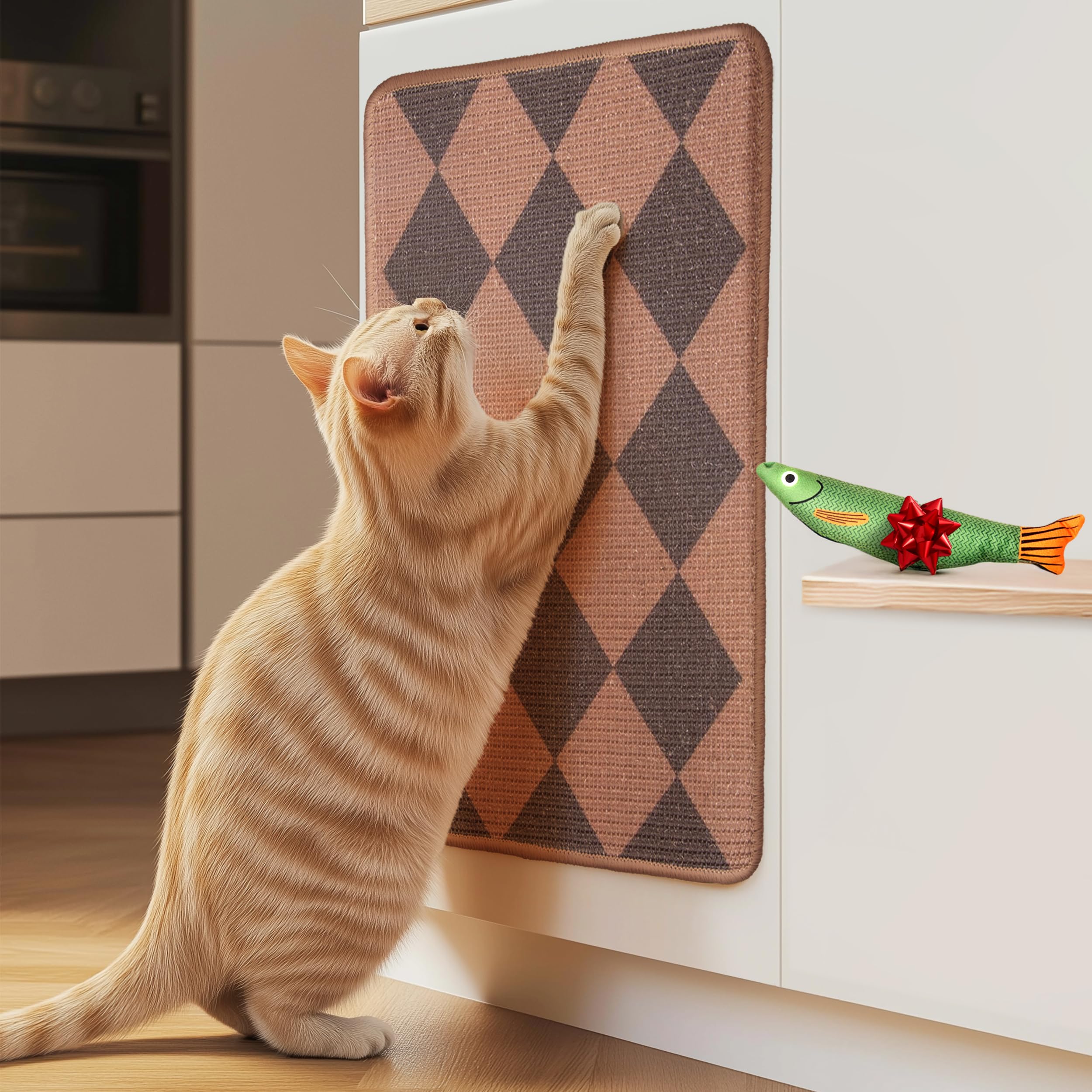 Evomotive Scratchable Sisal Cat Scratcher, [+ Catnip Fish Toy], Cat Wall Scratcher, Couch Protector From Cat Scratching, 24 X 15